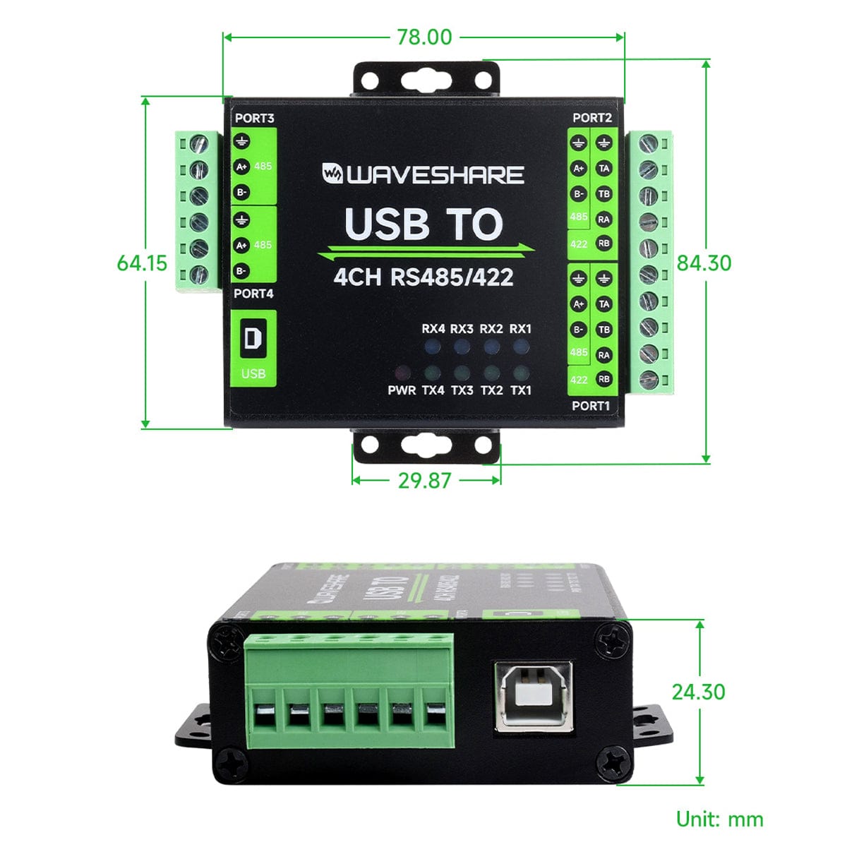 Industrial Isolated USB to 4-Channel RS485/422 Converter