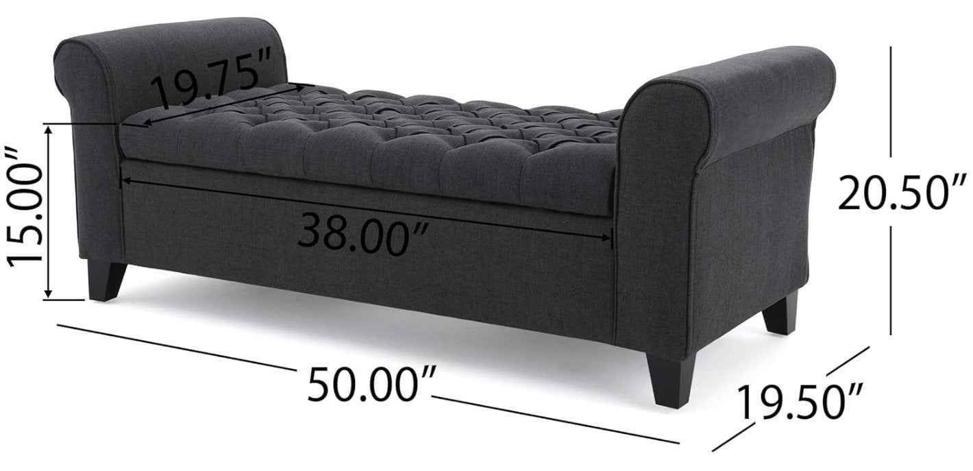 Journey Upholstered Bench with Storage, Diamond Tufted Seat and Flared Arm