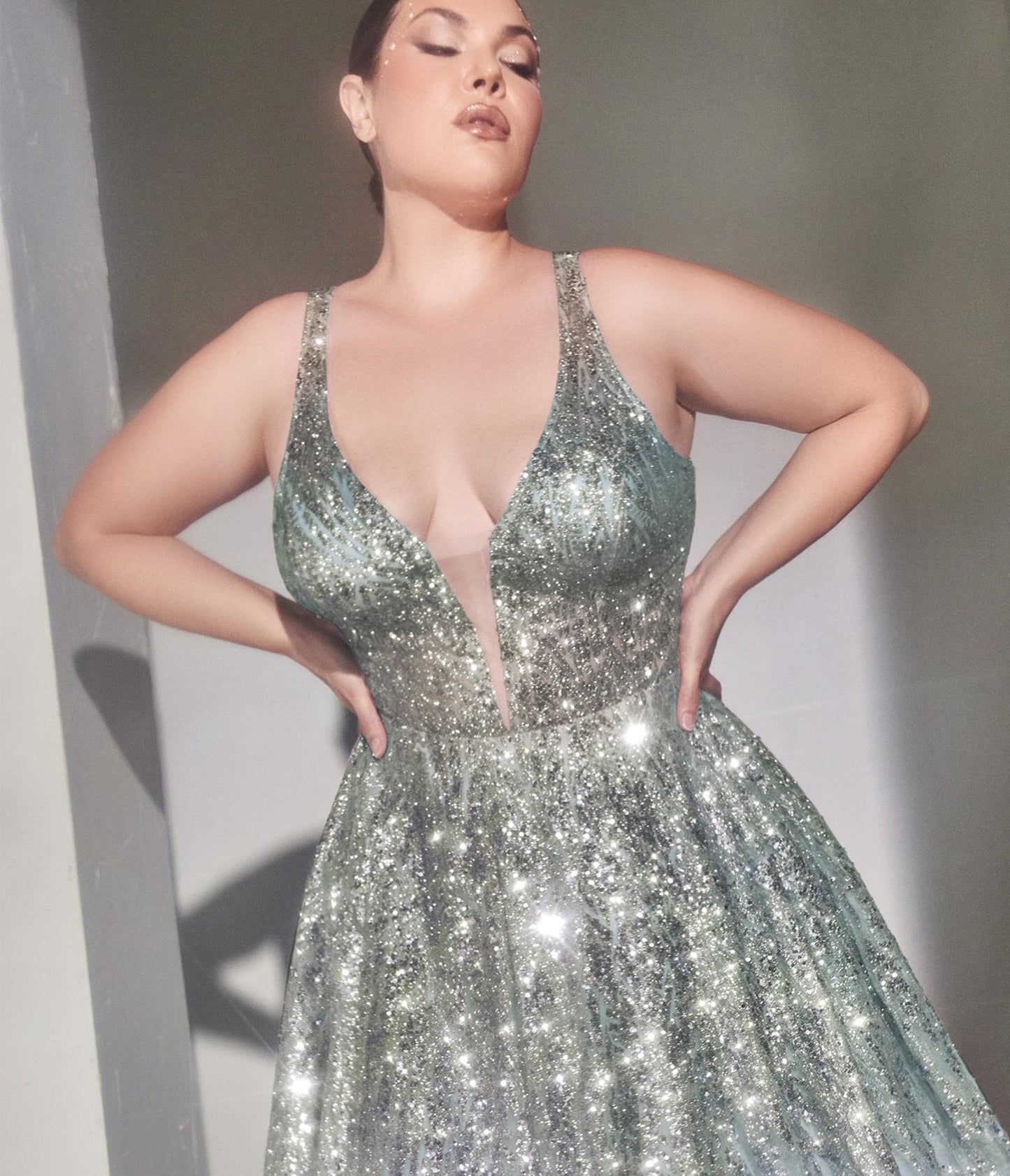 Cinderella Divine Light Blue Beaded Shimmer Prom Ball Gown