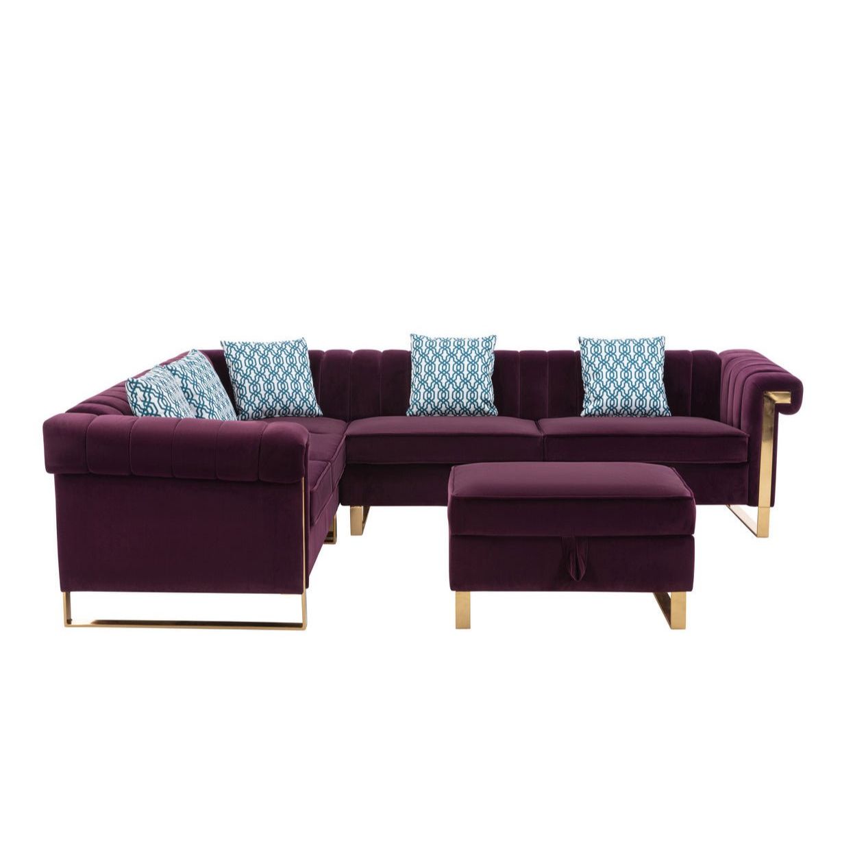 Maddie Purple Velvet 6 Seater Sectional Sofa with Storage Ottoman and 5 Pillows