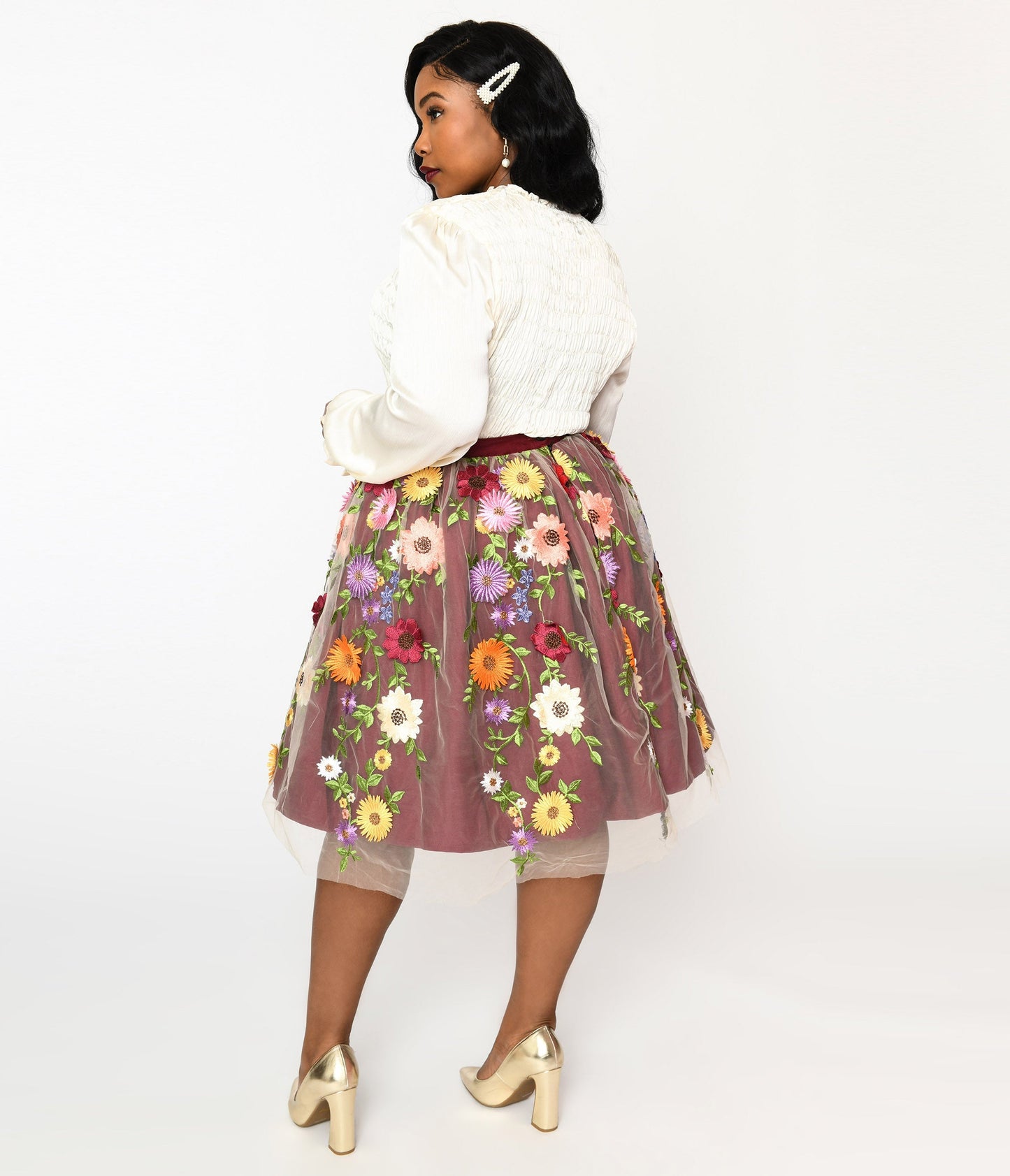 Magnolia Place Burgundy Flower Party Swing Skirt