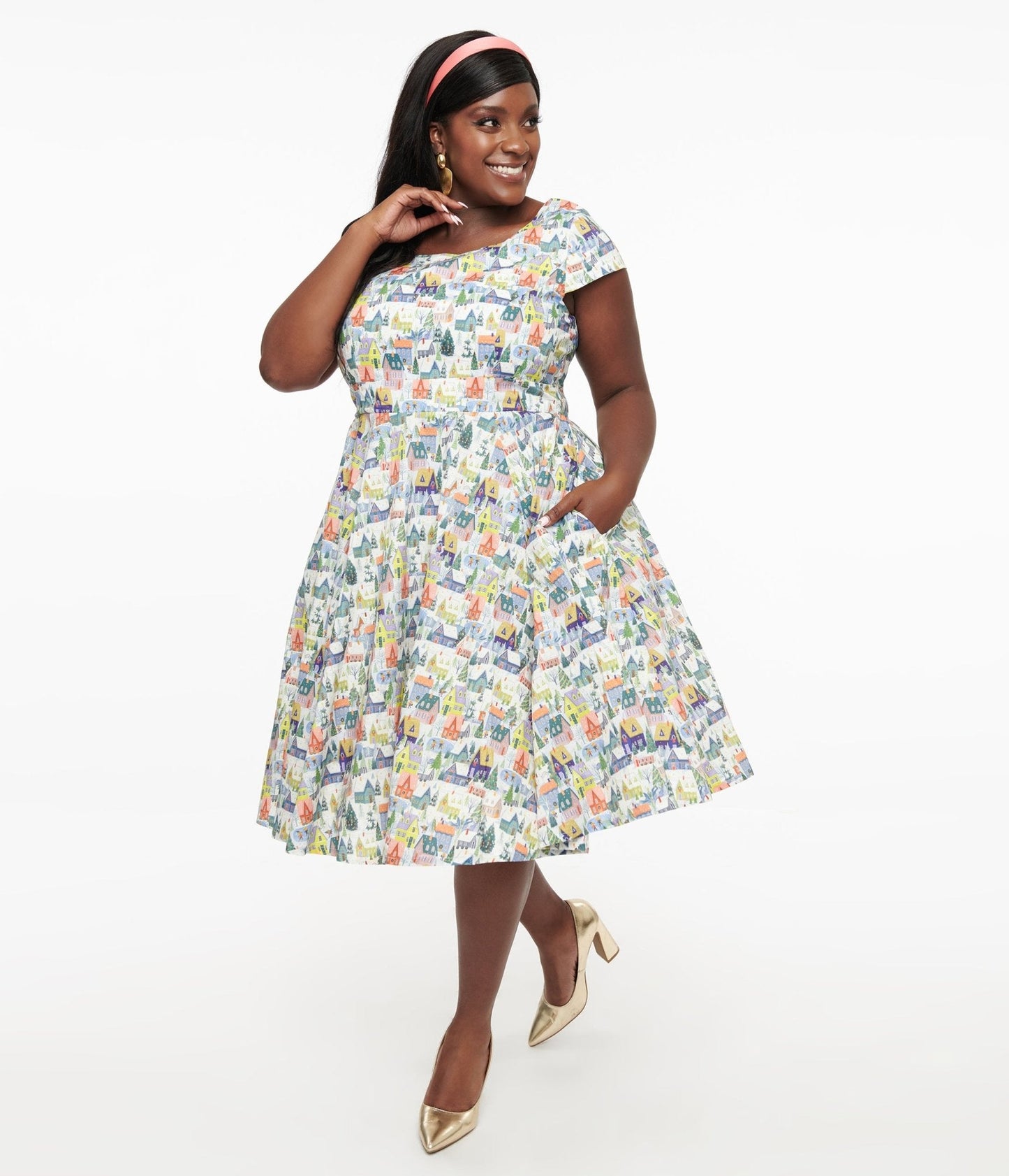 Magnolia Place Plus Size Multicolor Winter House Print Anna Swing Dress