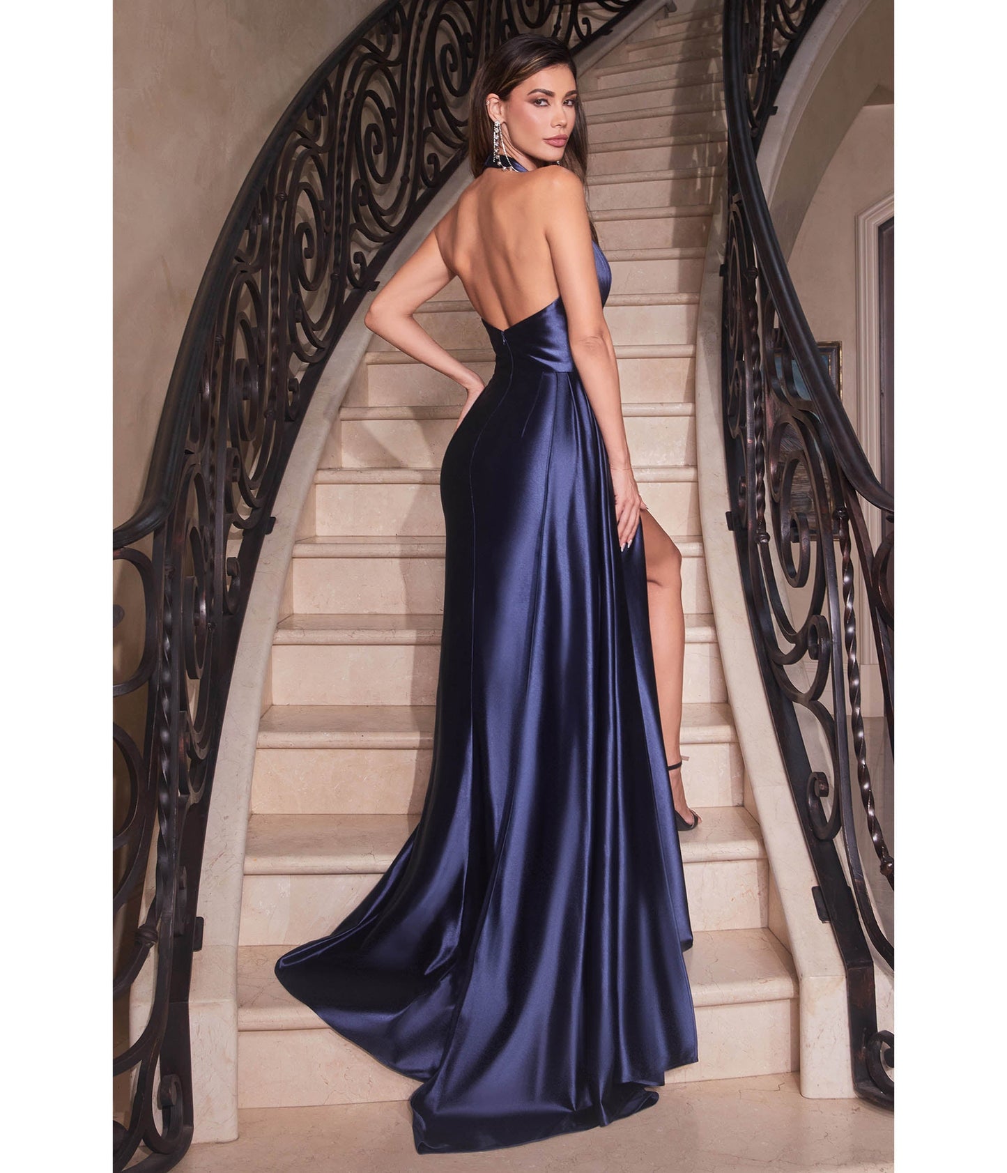 Cinderella Divine Navy Pleated Satin Halter Fitted Slit Dress