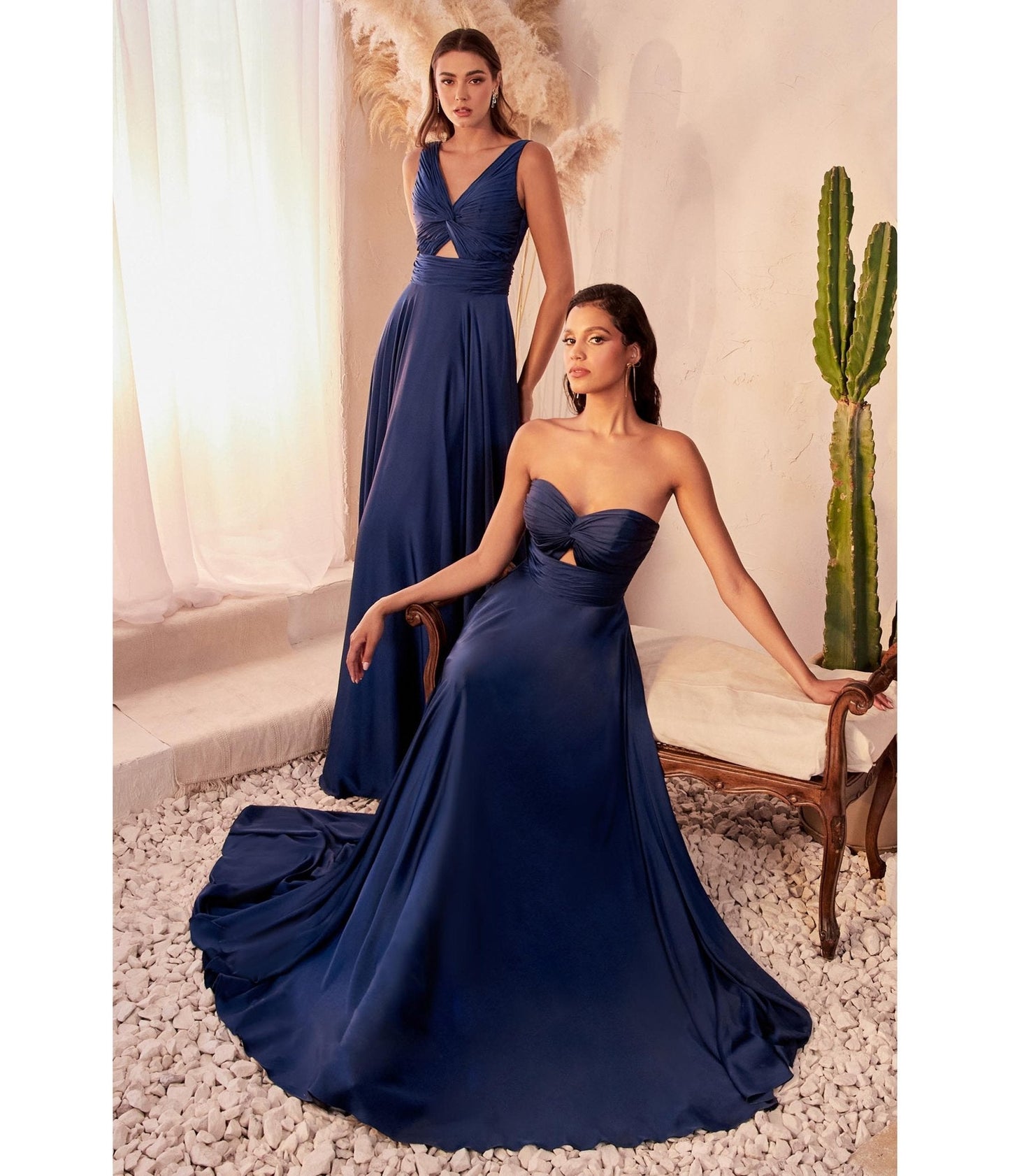 Cinderella Divine Navy Satin Strapless Keyhole Evening Gown