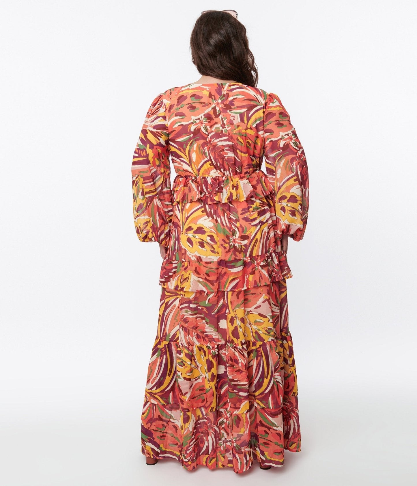 1970s Orange & Multicolor Leaf Maxi Dress