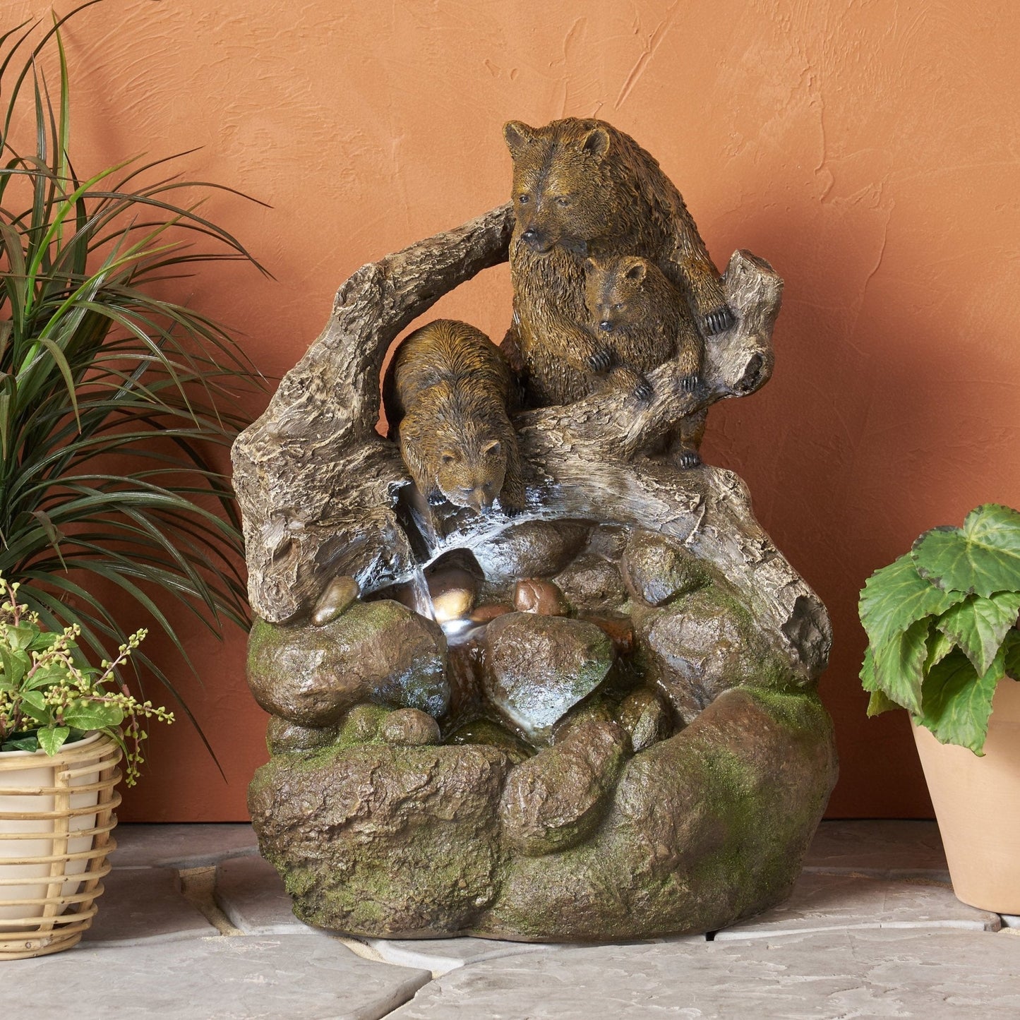 Outdoor Weather Resistant Floor Fountain with Light, Family of Bears and Two tiers Design