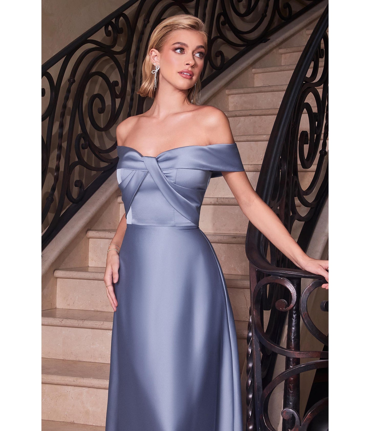 Cinderella Divine Paris Blue Satin Off The Shoulder Prom Gown