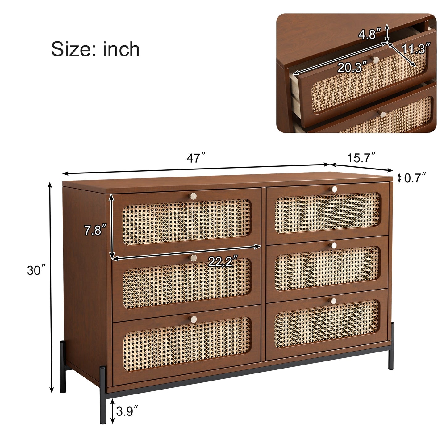 Patterson Cannage Rattan Wood 6 Drawer Storage Cabinet