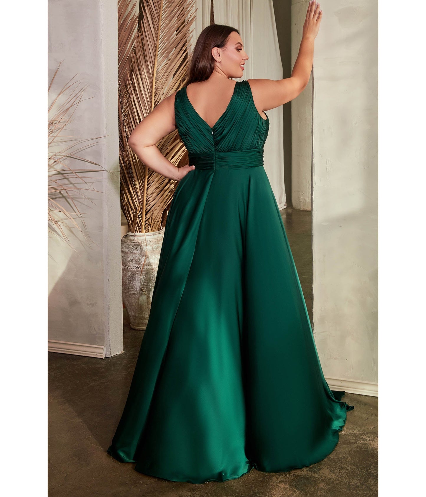 Cinderella Divine Plus Size Hunter Green Satin Ruched Knotted Keyhole Evening Gown