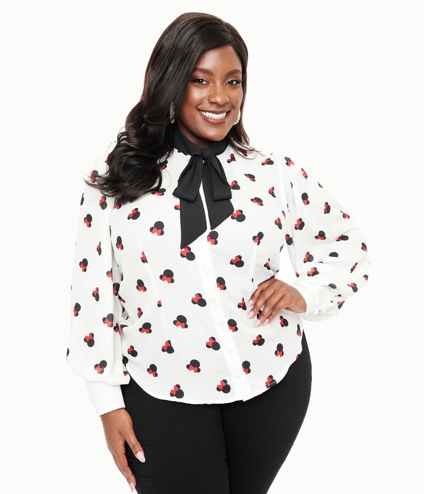 Disney Mickey & Friends Collection by Unique Vintage Plus Size White Minnie Mouse Stamp Print Gwen Blouse