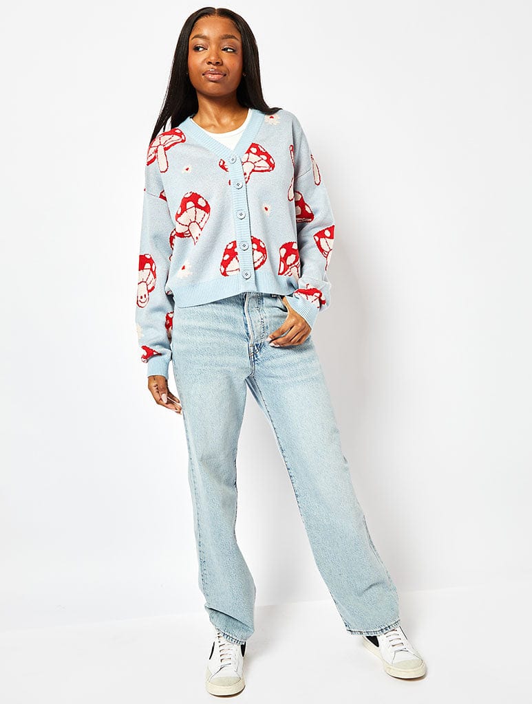 Red Mushroom Knit Cardigan in Blue