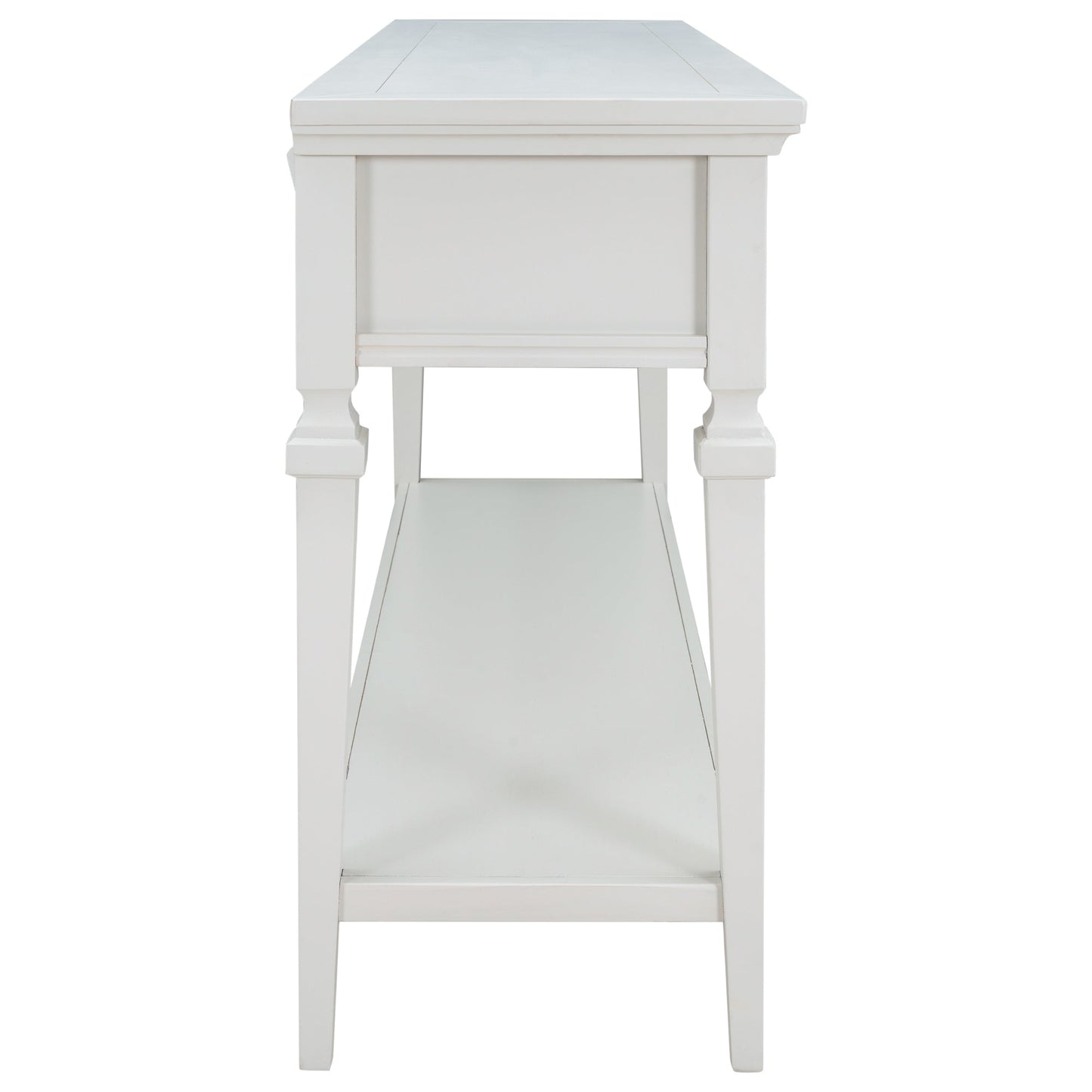 Reese 50'' Antique White Console Table with 2 Tiers of Storage, 3 Drawers and Open Style Bottom Shelf