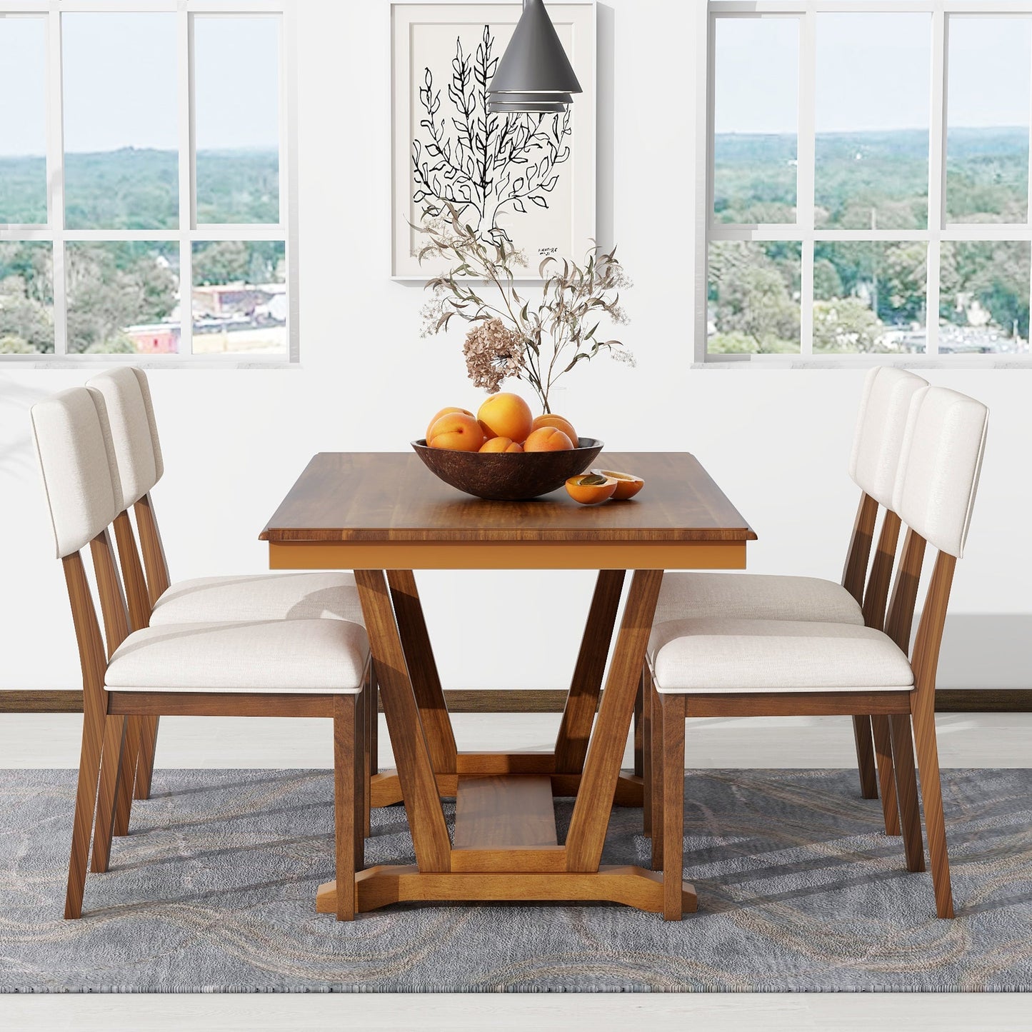 Rustic Trestle 5-piece Dining Table Set with 4 Upholstered Chairs, 59" Rectangular Dining Table