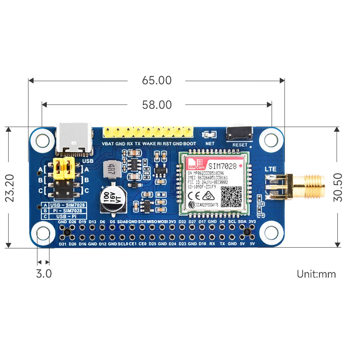 SIM7028 NB-IoT HAT for Raspberry Pi
