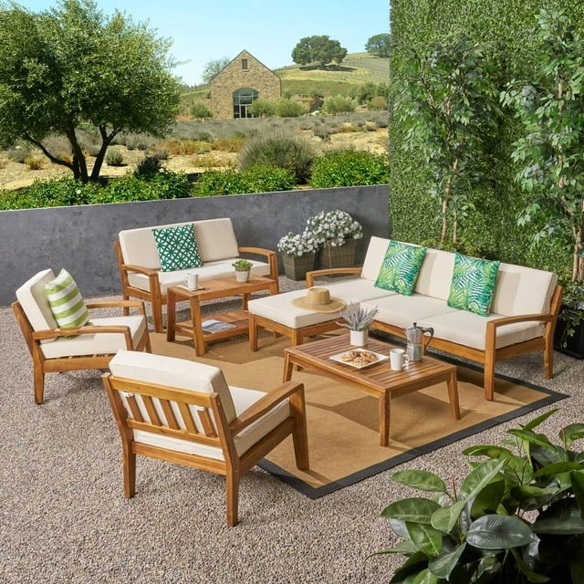 Slatted Patio Furniture Sets with Loveseat and Coffee Table
