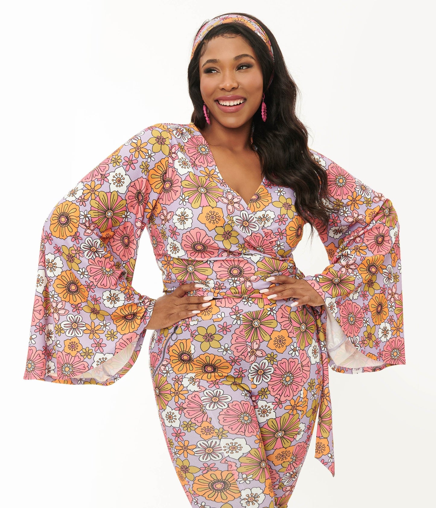 Smak Parlour Plus Size 1970s Lavender Retro Bloom Bell Sleeve Wrap Top