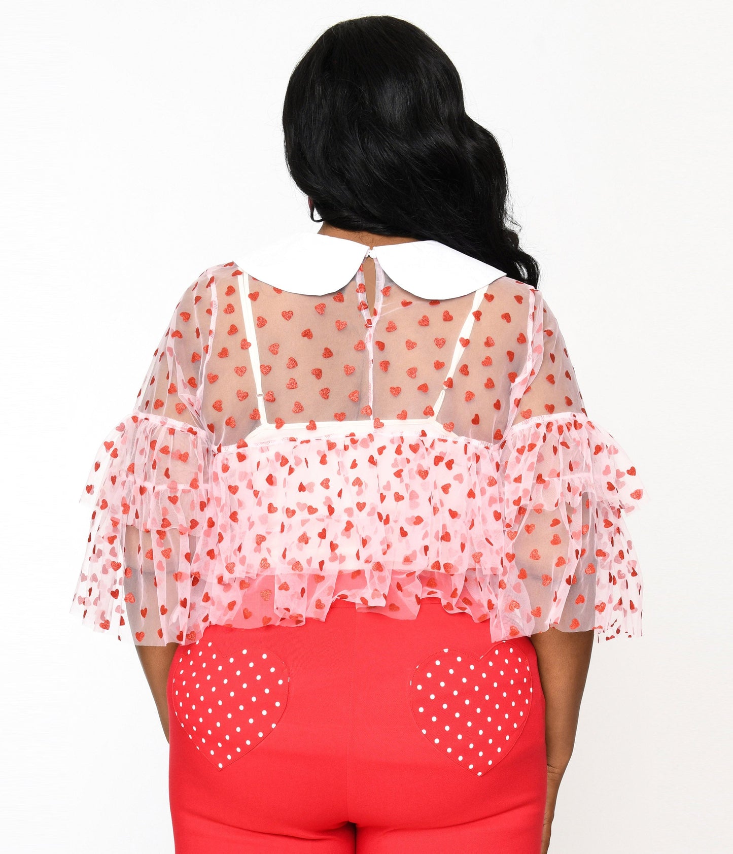 Smak Parlour Plus Size Pink & Red Glitter Hearts Mesh Ruffle Top