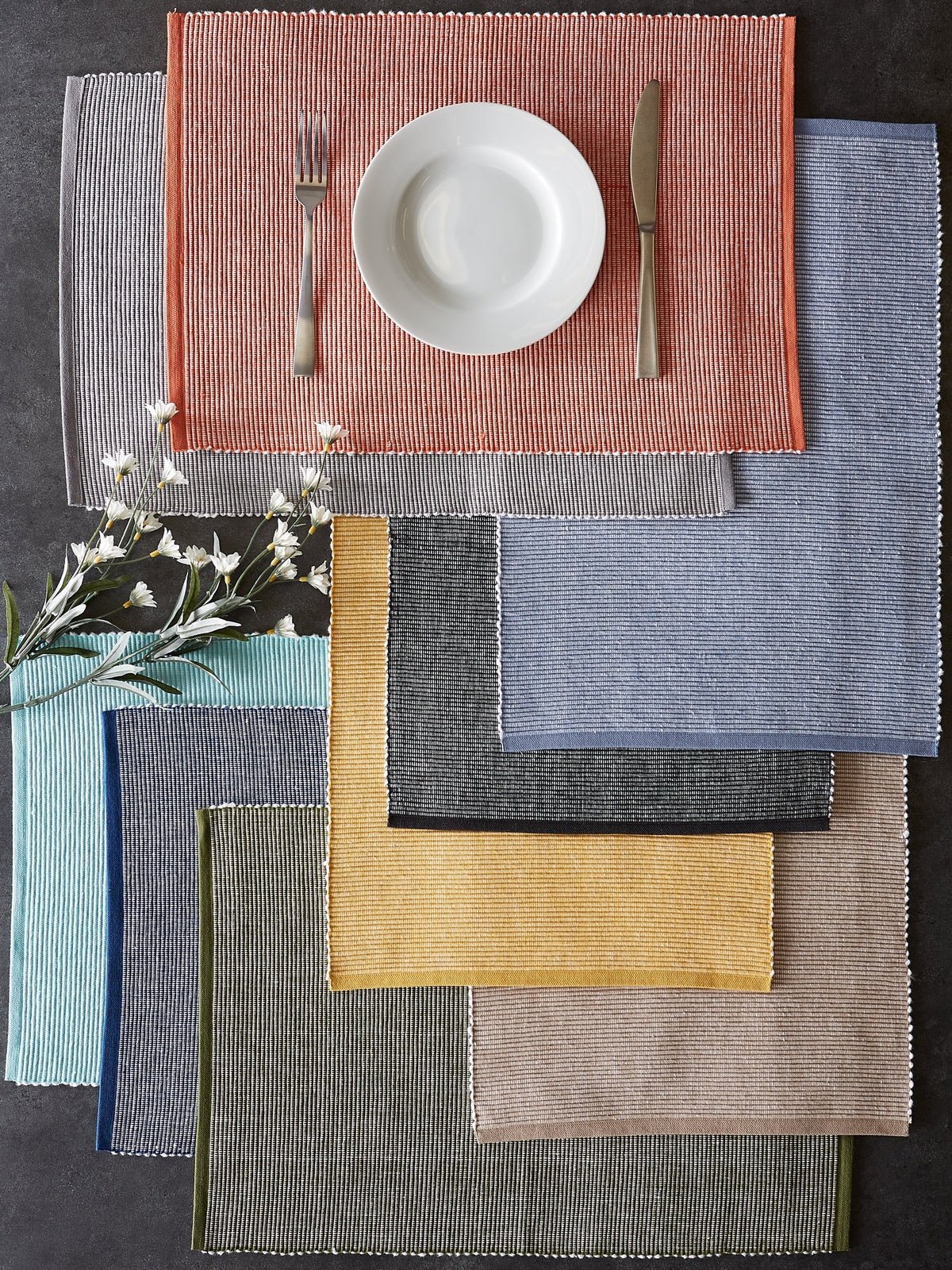 Stonewash Blue/White 2-Tone Ribbed Placemats, Set Of 6