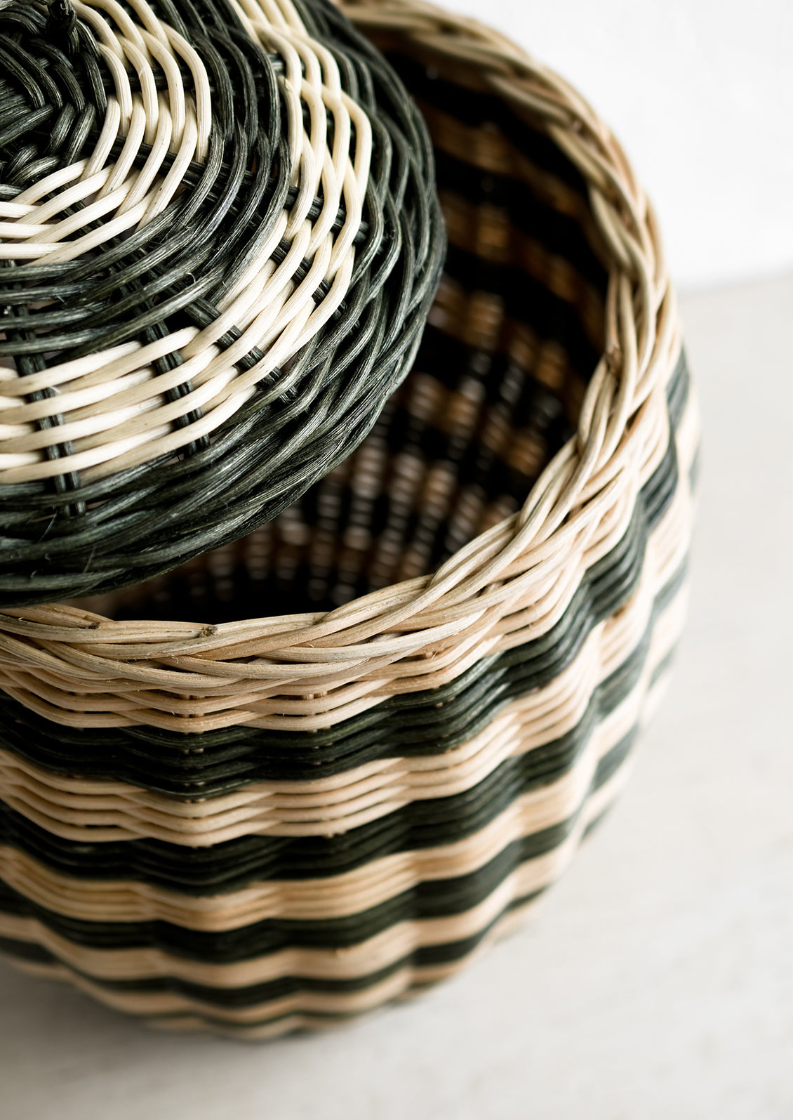Striped Lidded Rattan Basket