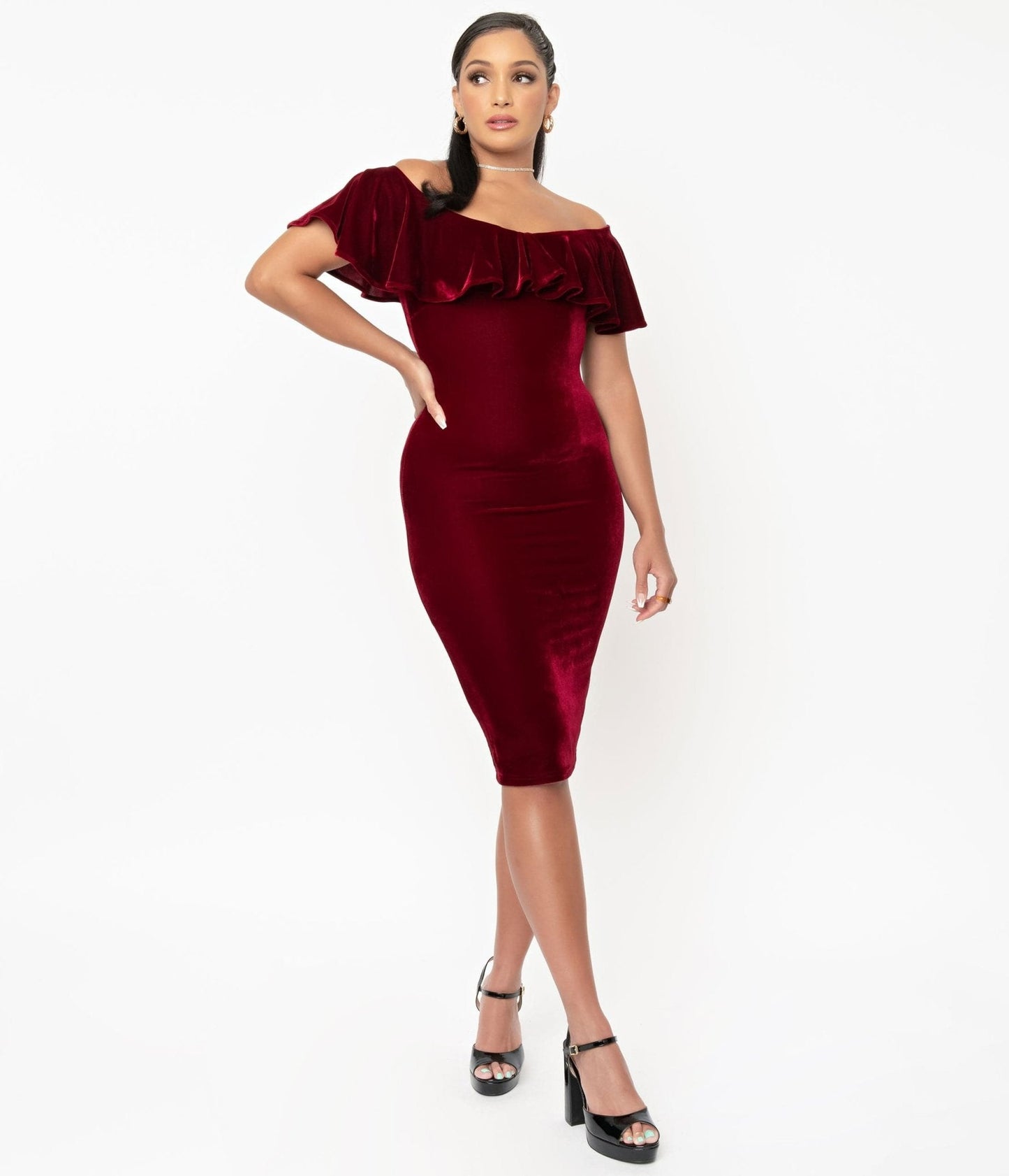 Unique Vintage 1950s Burgundy Red Velvet Sophia Wiggle Dress