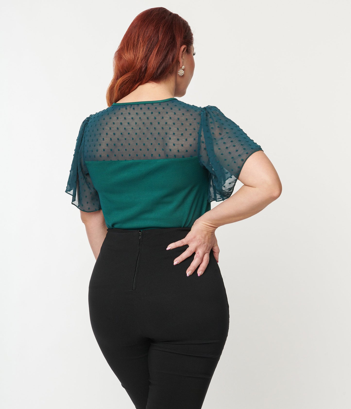 Unique Vintage 1950s Green Clipdot Flutter Sleeve Sweetheart Top