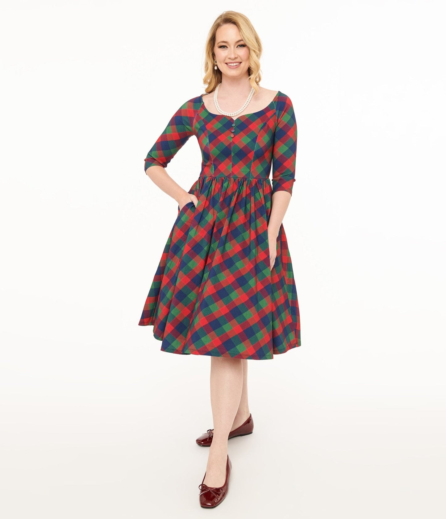 Unique Vintage 1950s Green & Red Plaid Sweetheart Swing Dress