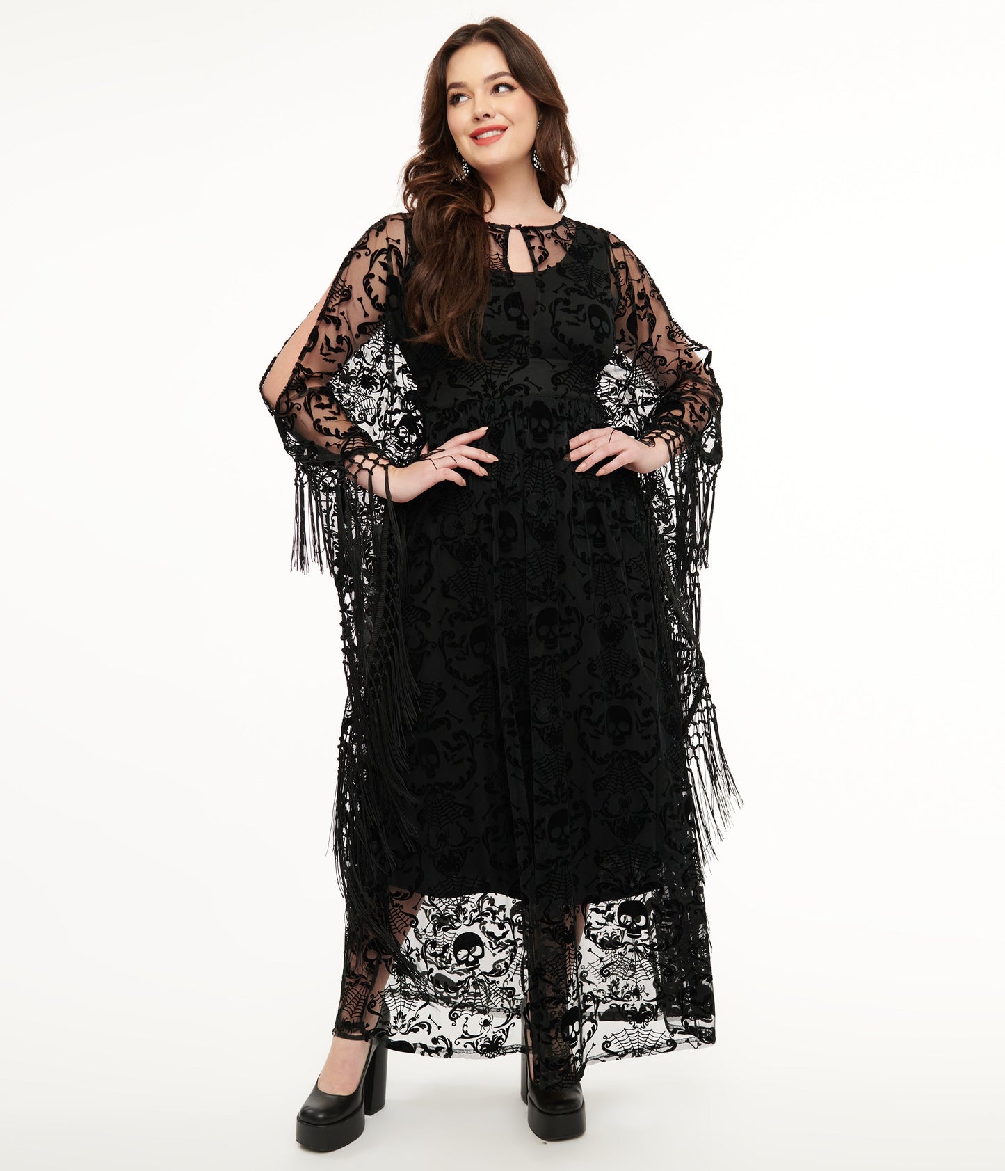 Unique Vintage 1960s Black Baroque Skull Burnout Fringe Flutter Sleeve Caftan