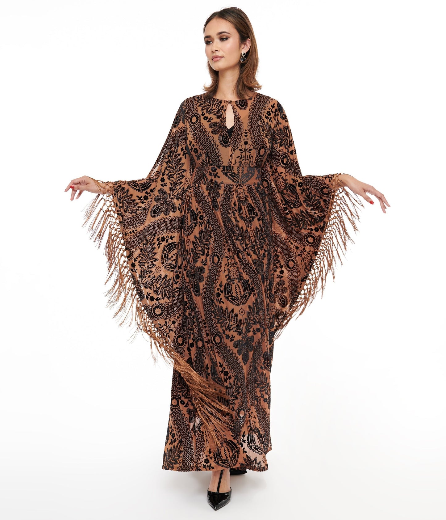 Unique Vintage 1960s Black & Nude Floral Fringe Flutter Sleeve Caftan