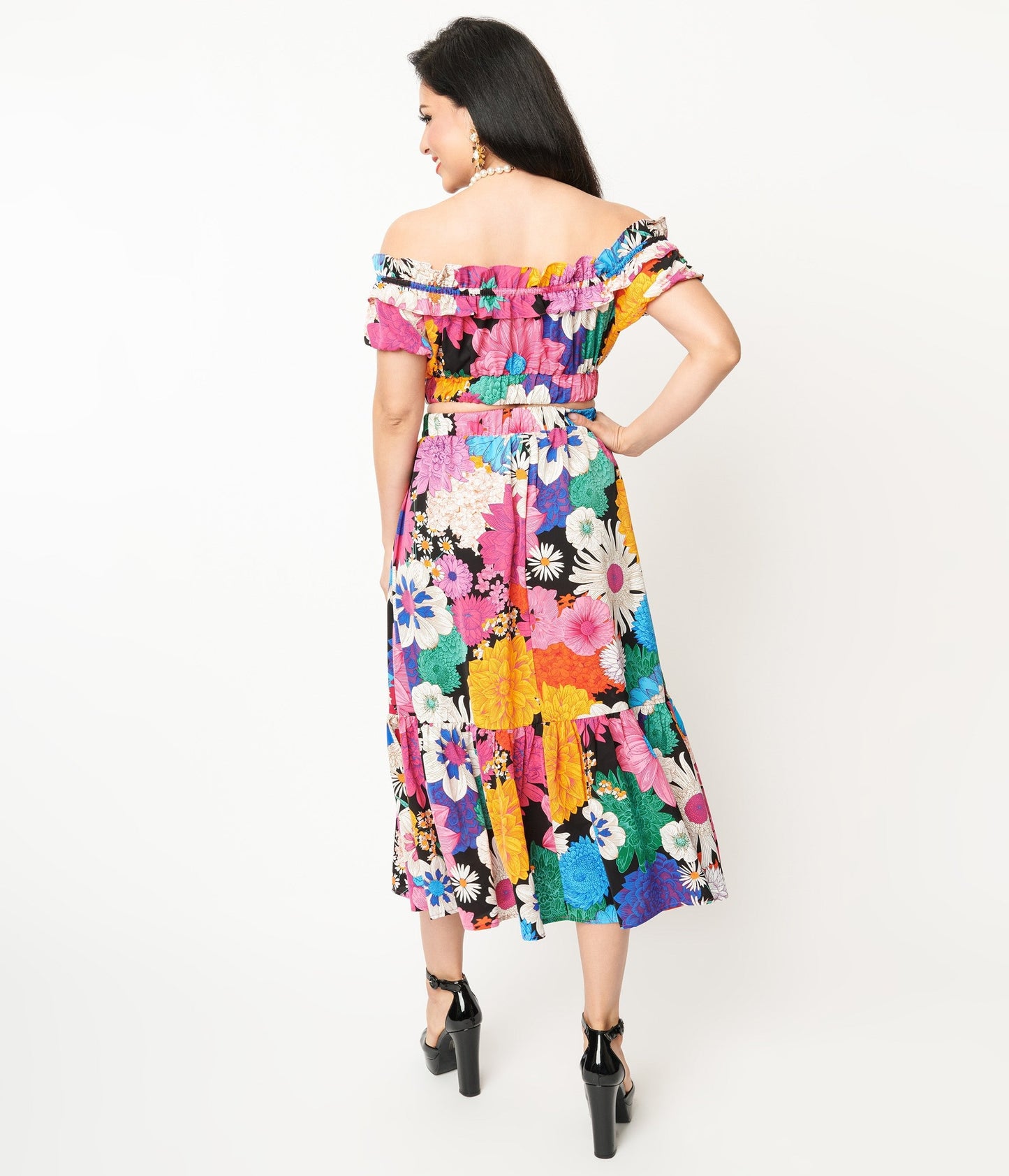 Unique Vintage 1970s Black & Rainbow Floral Midi Skirt