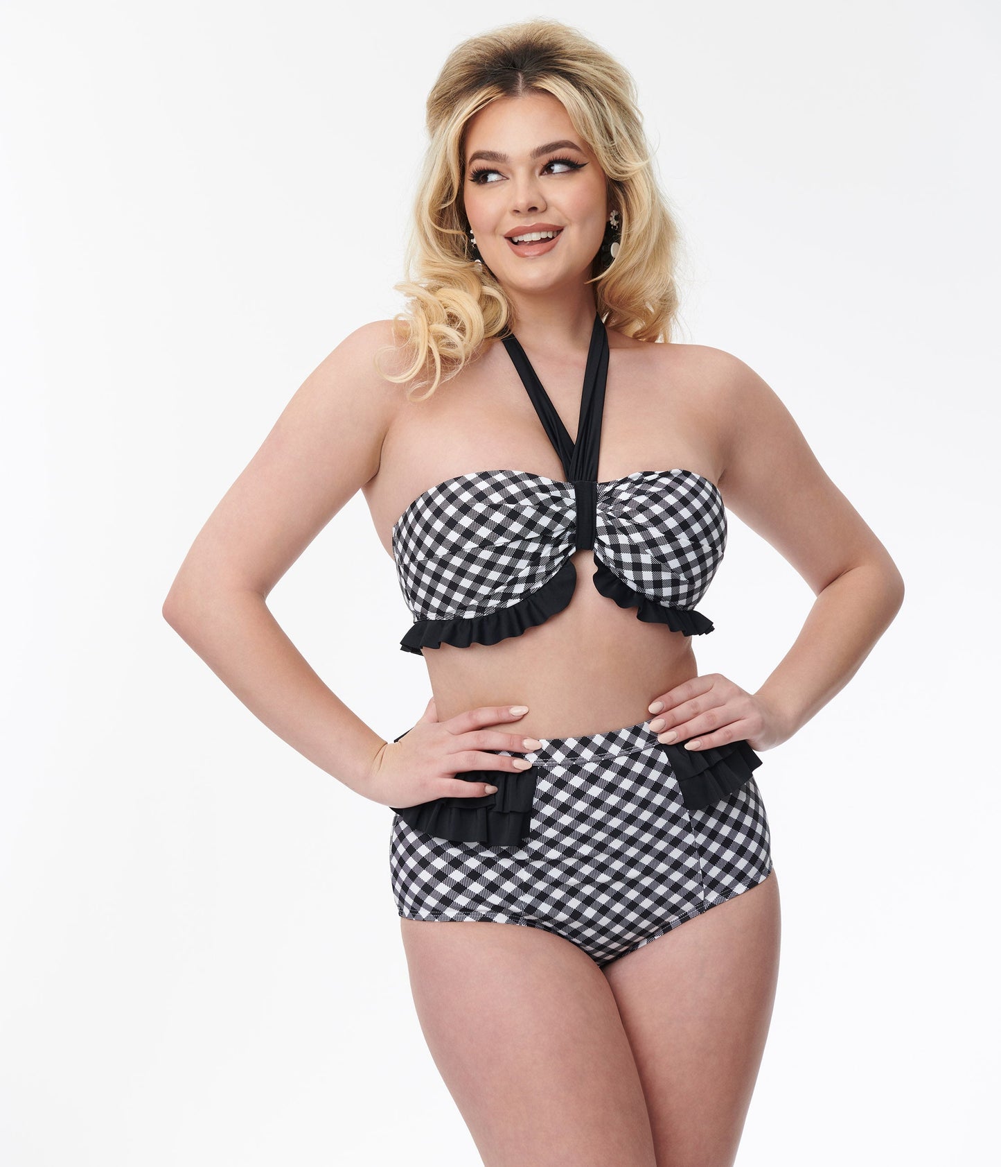 Unique Vintage Black & White Bias Gingham Twist Front Halter Swim Top