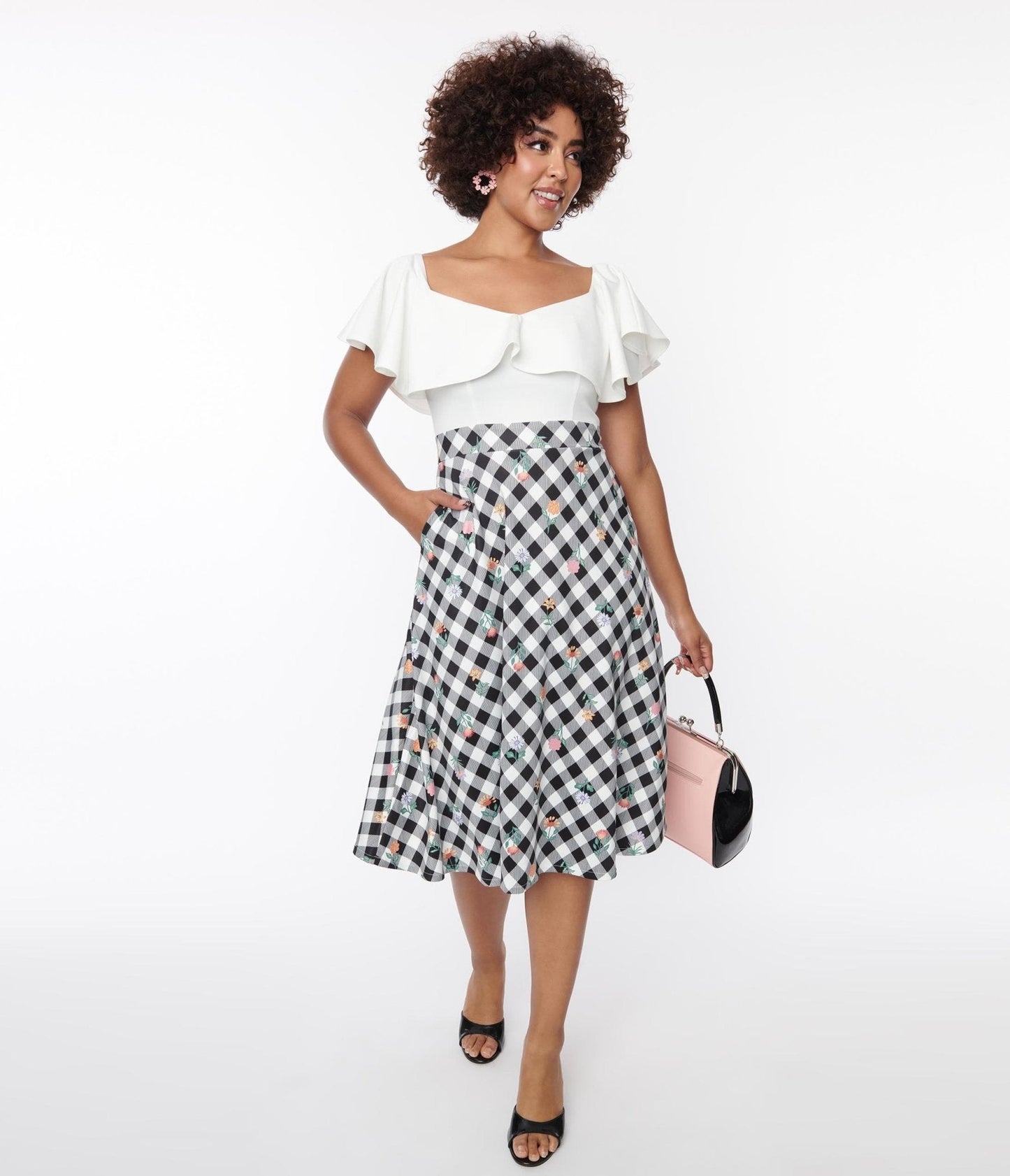 Unique Vintage Black & White Gingham Floral Swing Dress
