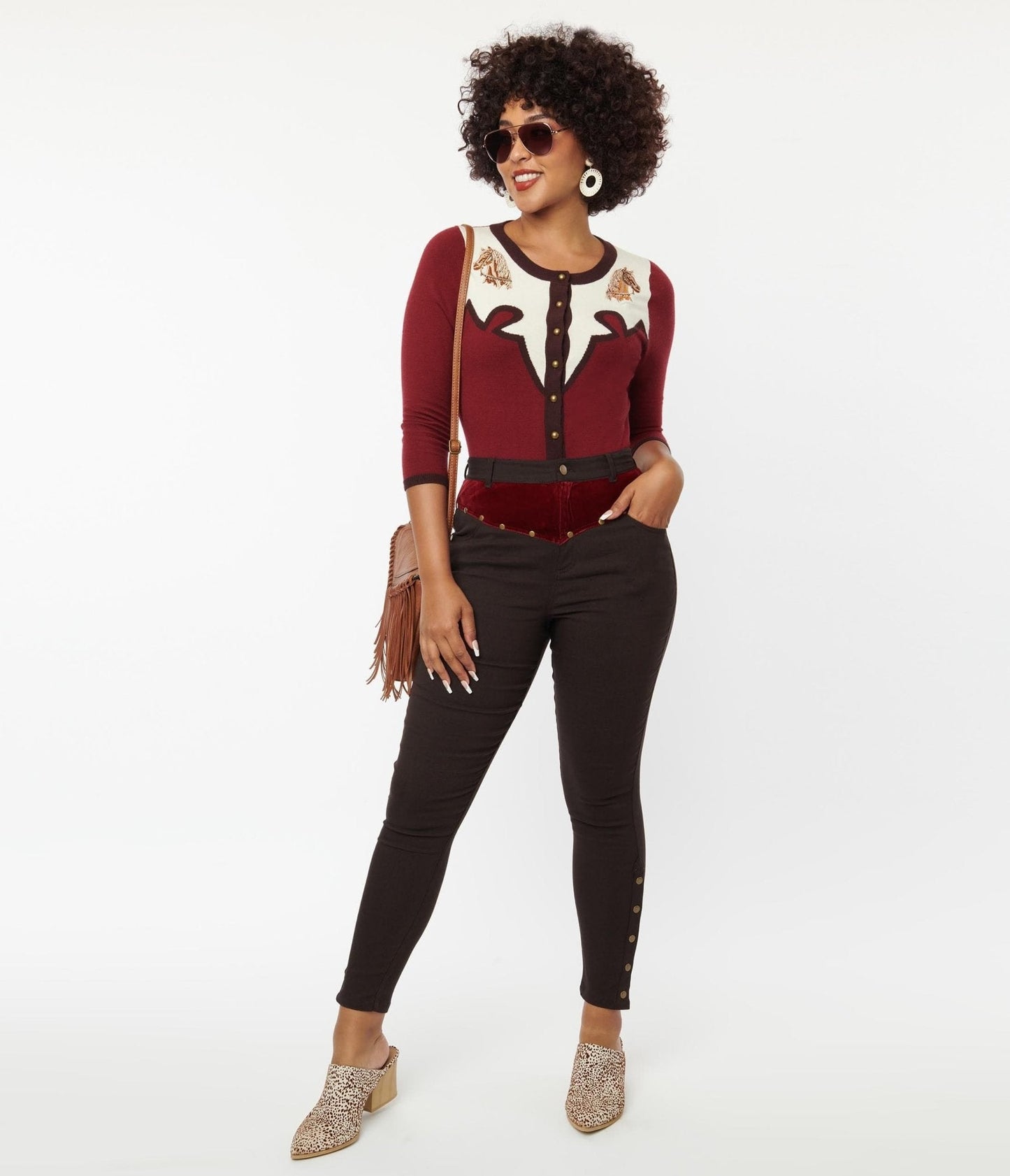 Unique Vintage Brown Denim & Red Yoke Skinny Jeans