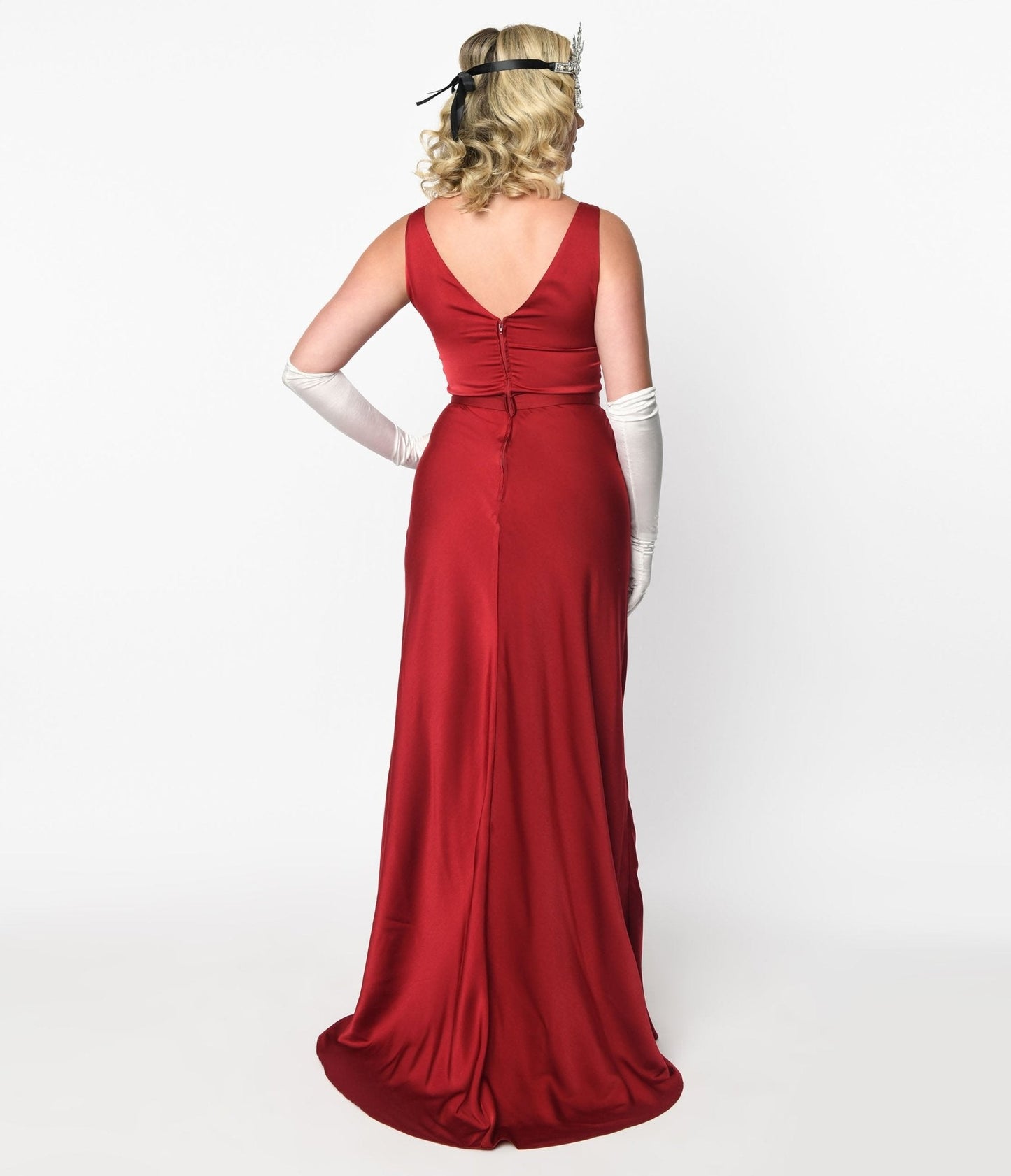 Unique Vintage 1930s Burgundy Belted Satin Gown