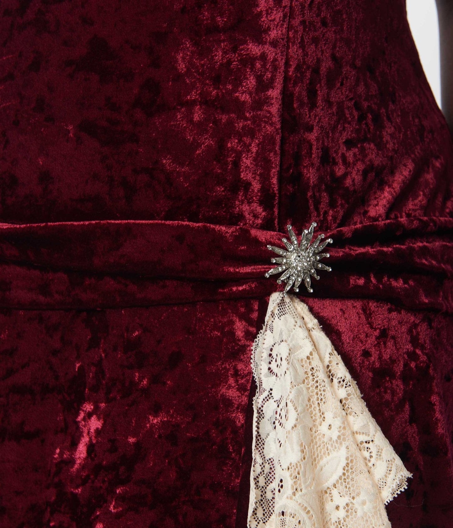 Unique Vintage 1920s Burgundy Crushed Velvet & Ivory Lace Flapper Dress