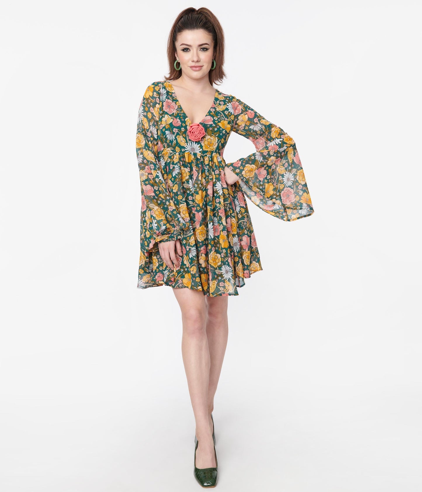 Unique Vintage Hunter Green Floral Empire Waist Dress