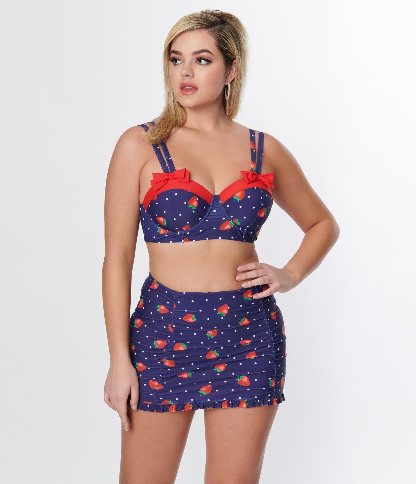 Unique Vintage Navy Strawberry Pin Dot Bowed Over Swim Top