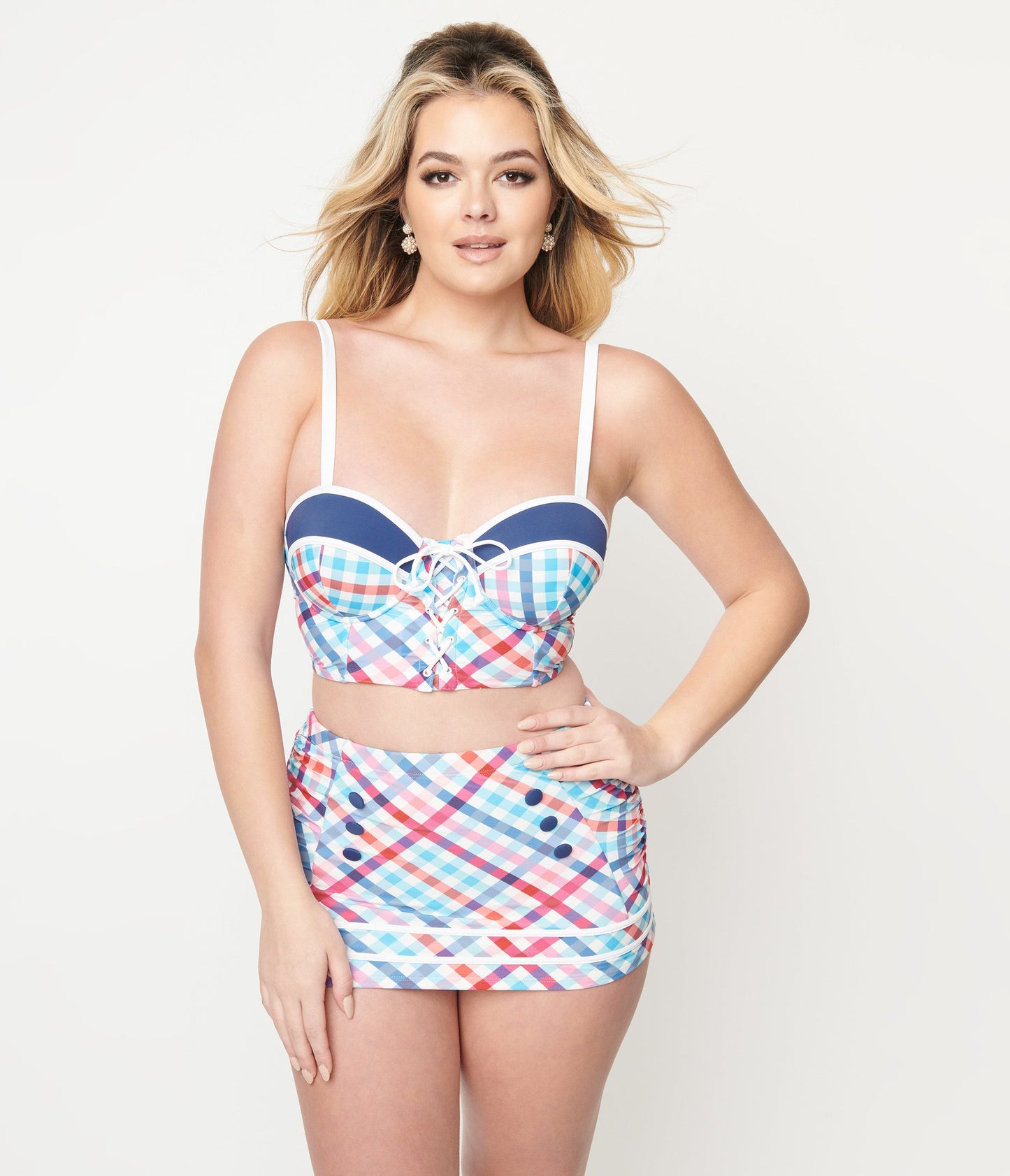 Unique Vintage Pastel Madras Plaid Lace Up Swim Top