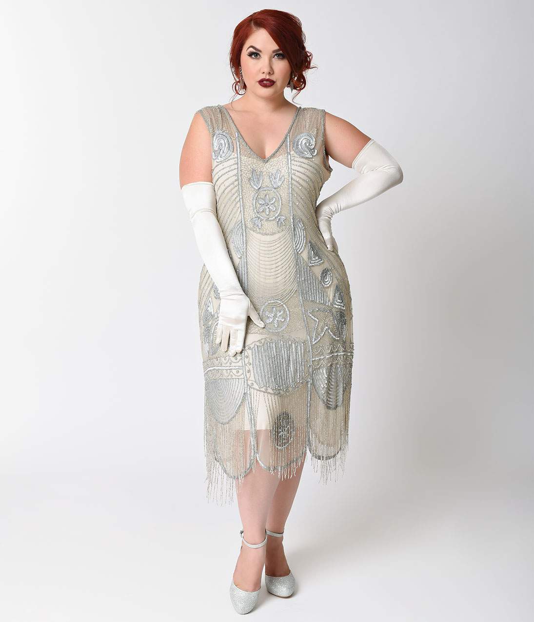 Special Order - Unique Vintage Plus Size 1920s Style Silver Hand Beaded Fringe Bosley Flapper Dress