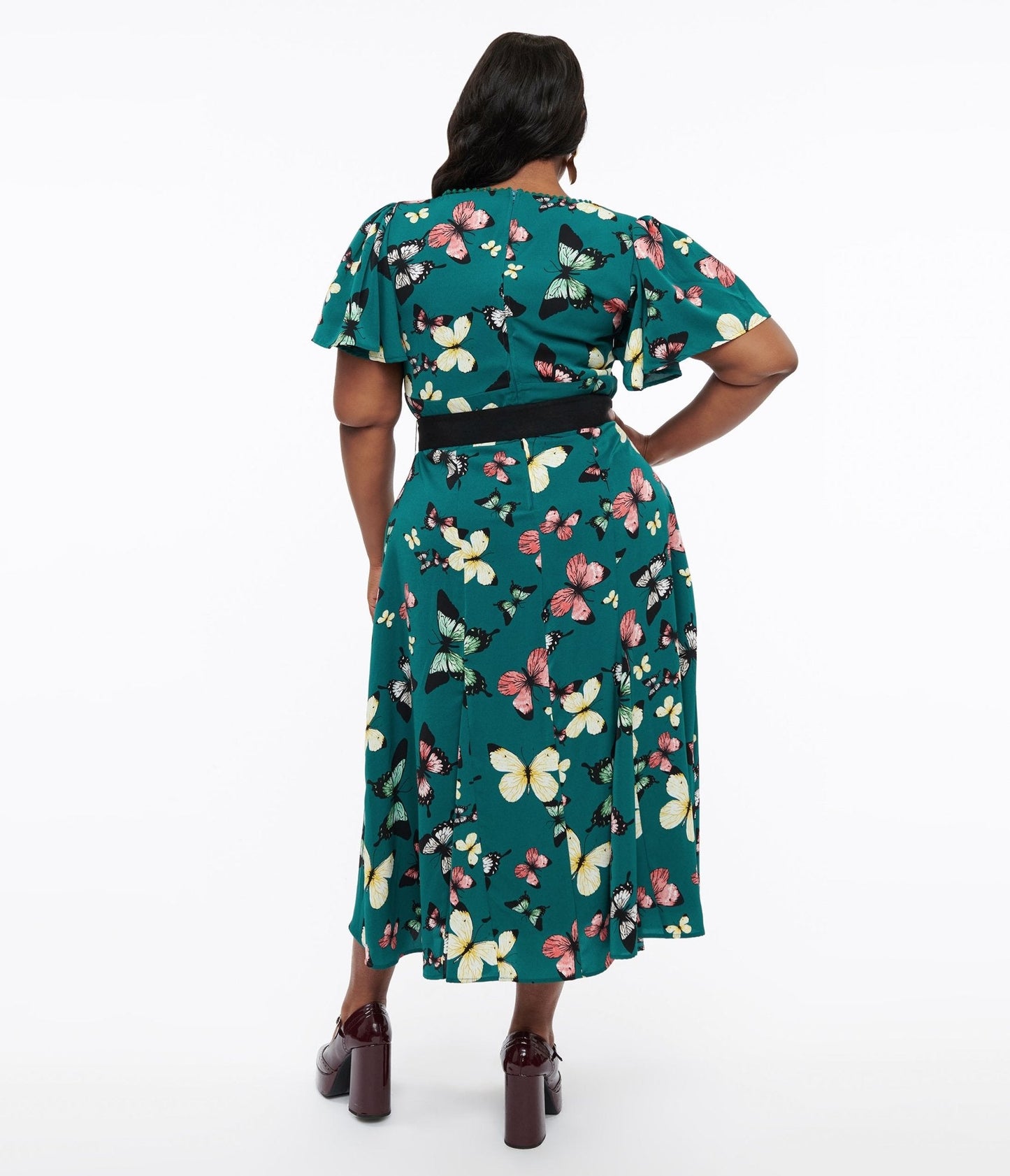 Unique Vintage Plus Size 1940s Green Butterfly Print Midi Dress