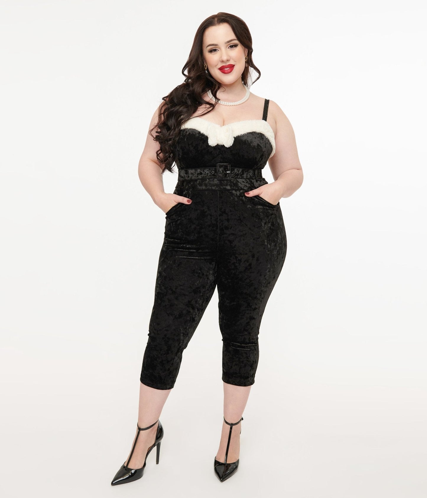 Unique Vintage Plus Size 1950s Black & White Faux Fur Cropped Jumpsuit