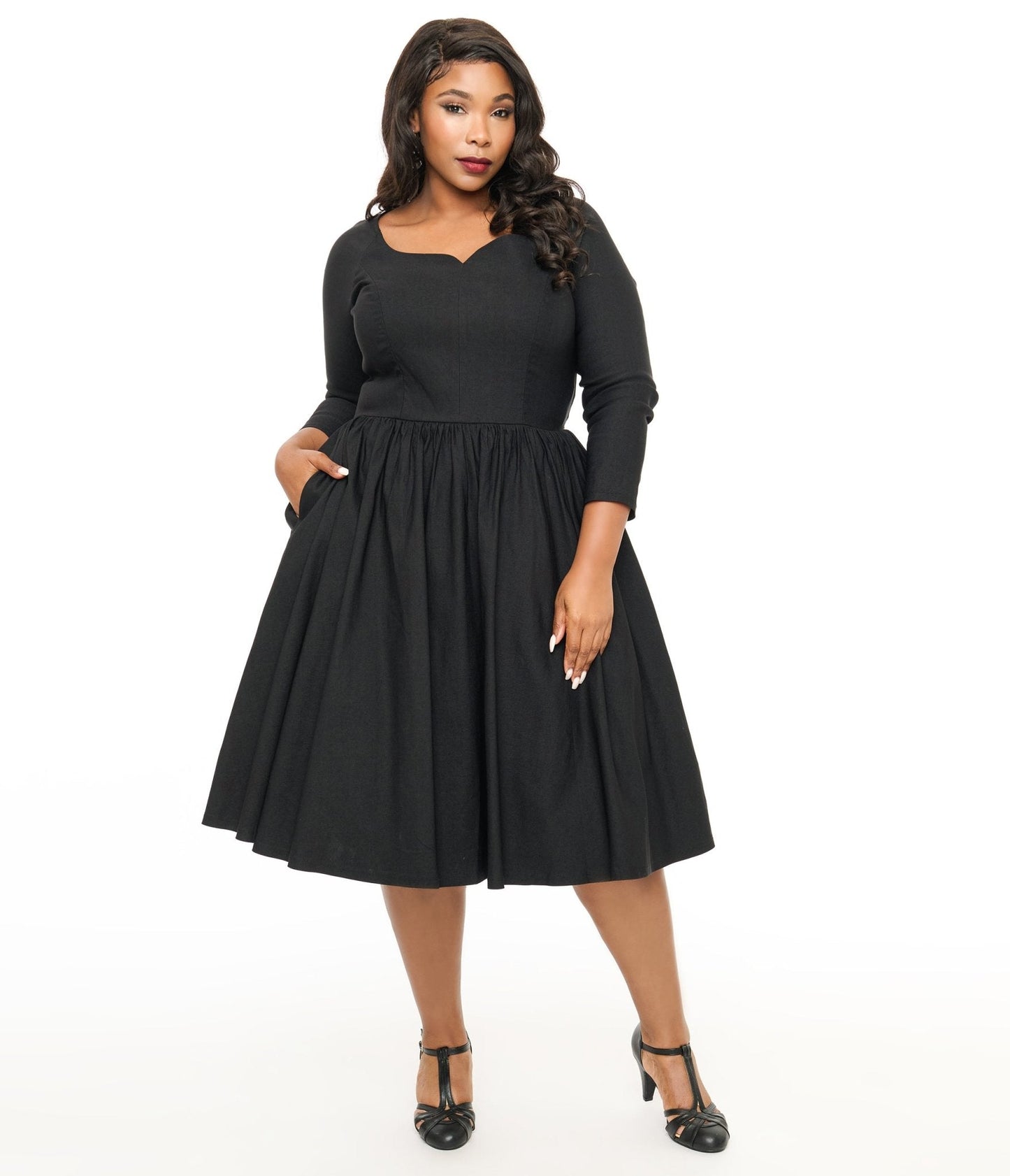 Unique Vintage Plus Size 1950s Solid Black Sweetheart Swing Dress