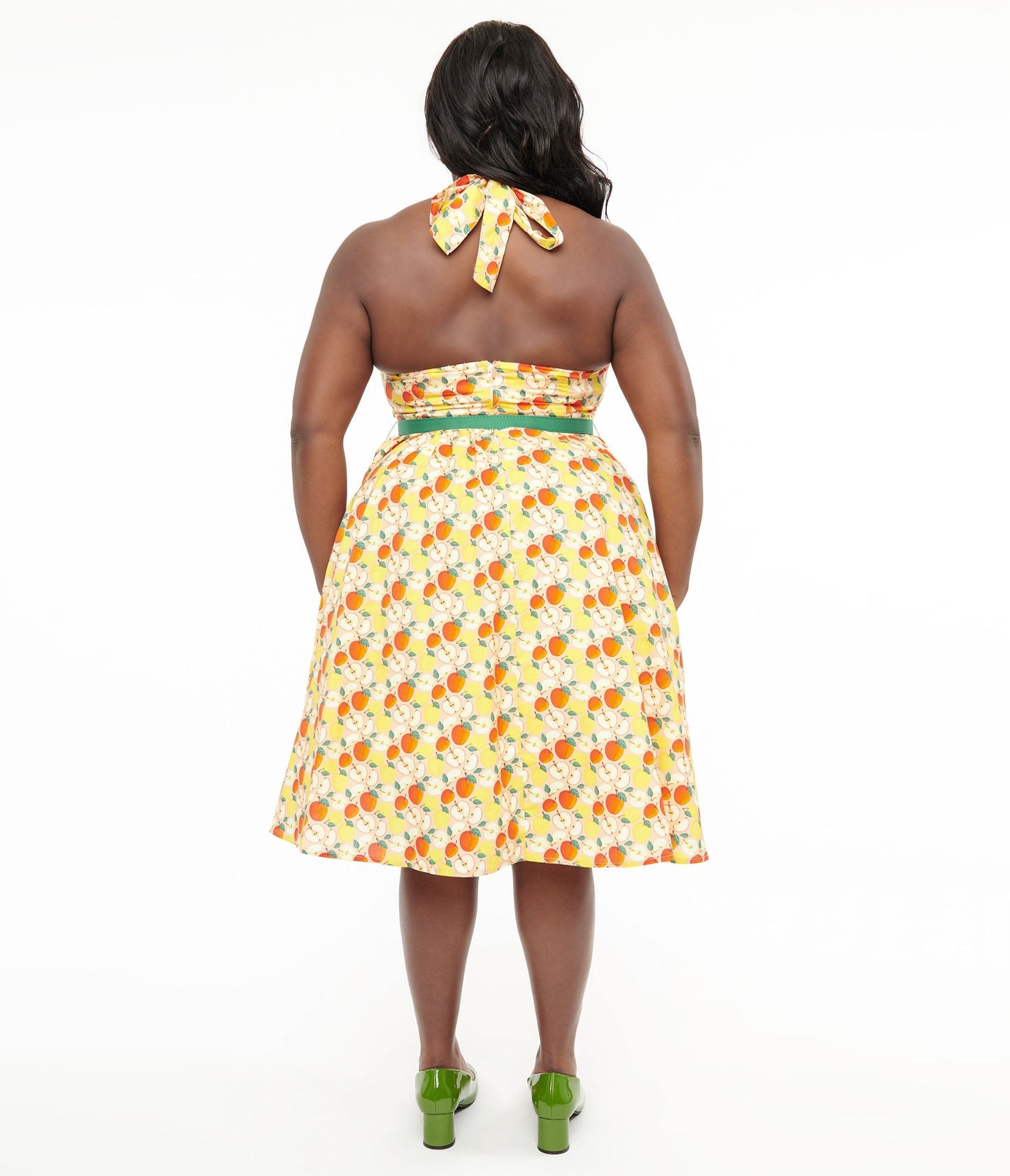 Unique Vintage Plus Size 1950s Yellow & Red Apple Print Cotton Halter Swing Dress