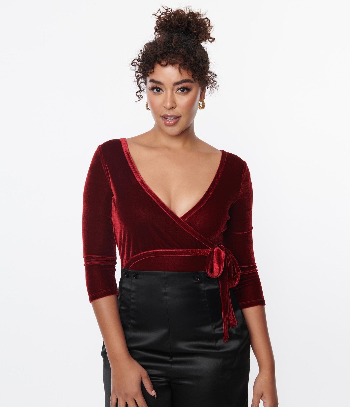Unique Vintage 1970s Wine Velvet Surplice Bodysuit