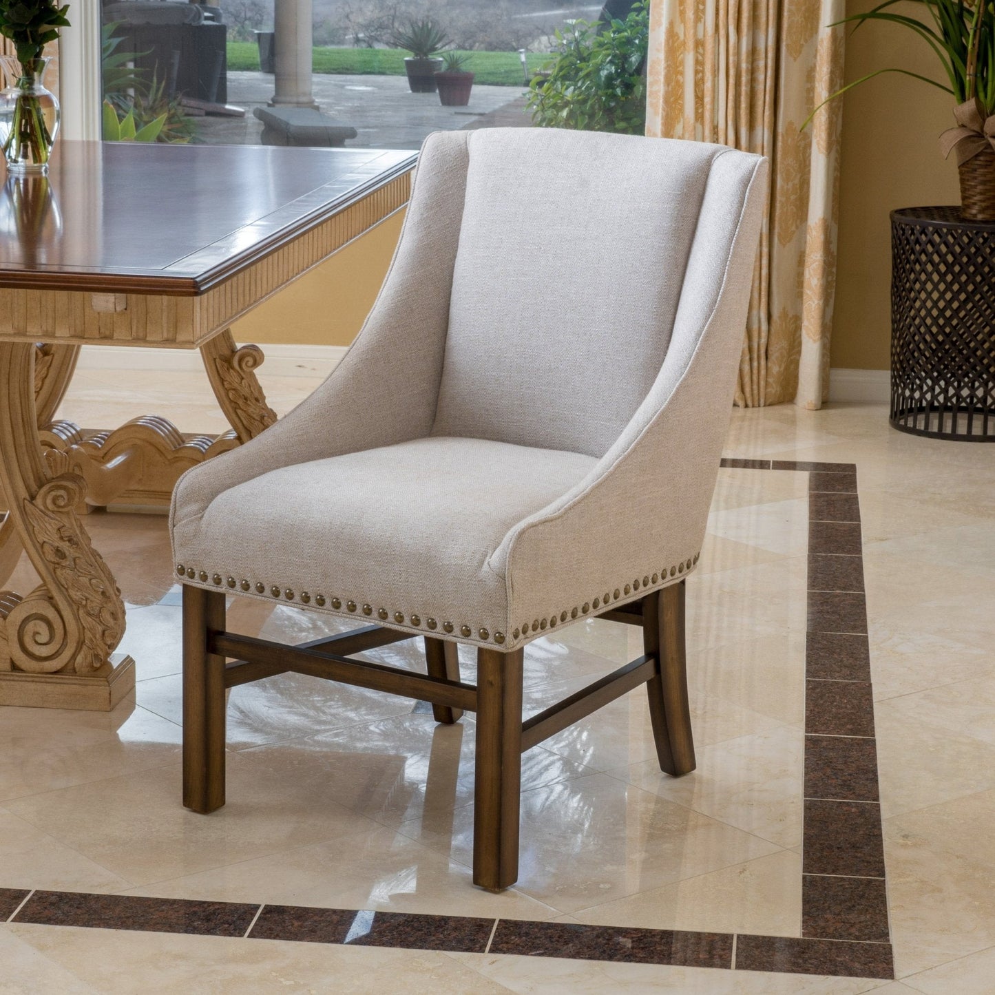 Upholstered Dining Chair with Wing Back, Slide Arm and Nail Head Trim