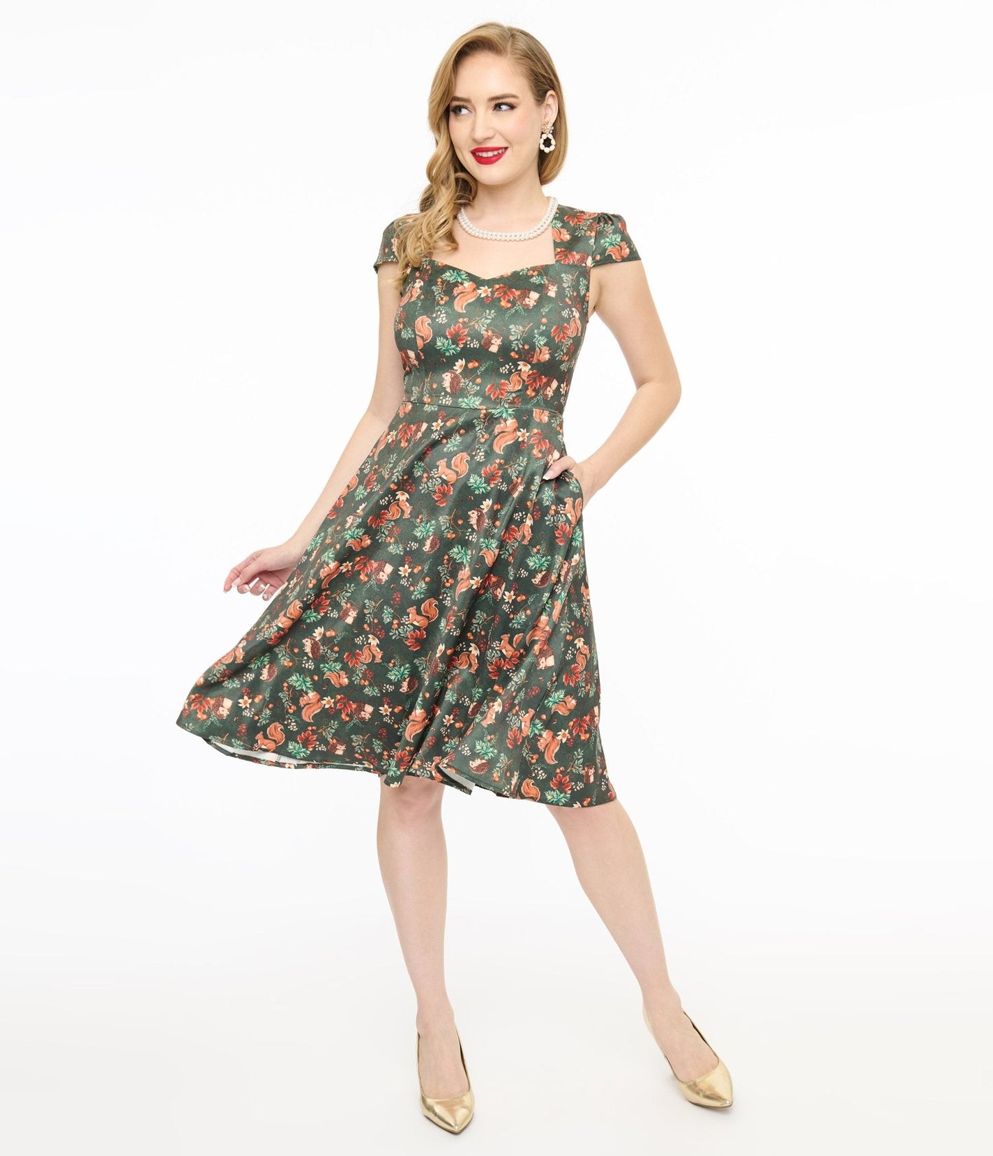 Voodoo Vixen 1950s Green Woodland Creatures Print Swing Dress