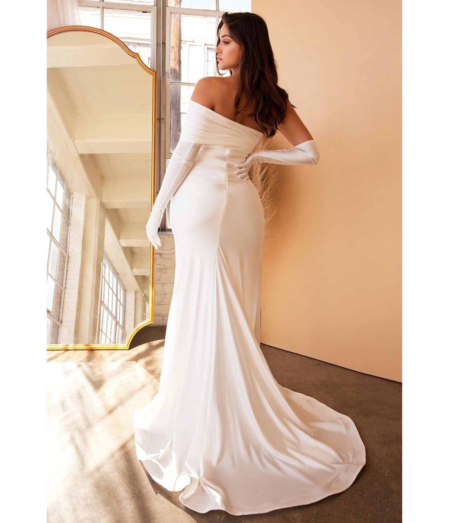 Cinderella Divine White One Shoulder Prom Trumpet Gown with Gloves