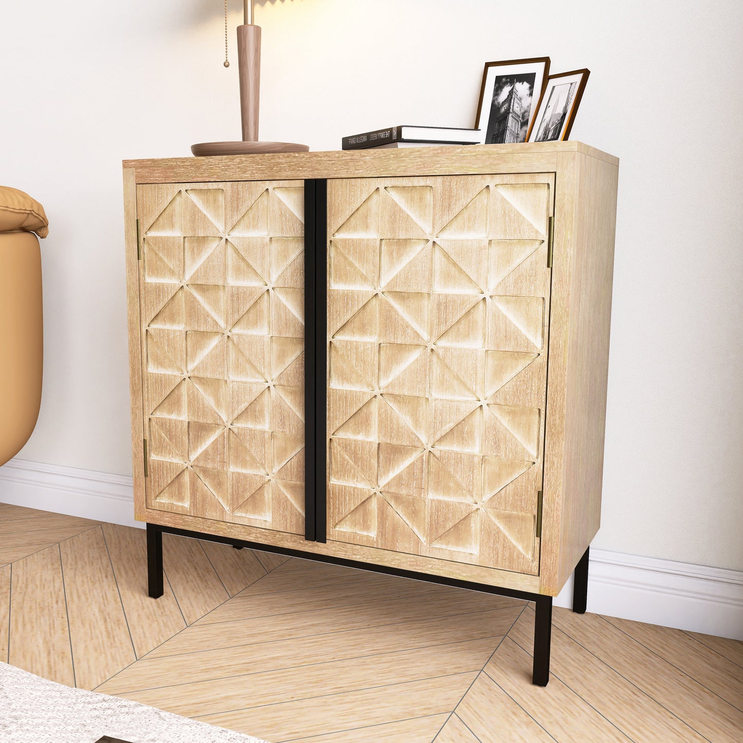 Hand-Carved 2 Doors Accent Cabinet with Shelves and Wood Legs