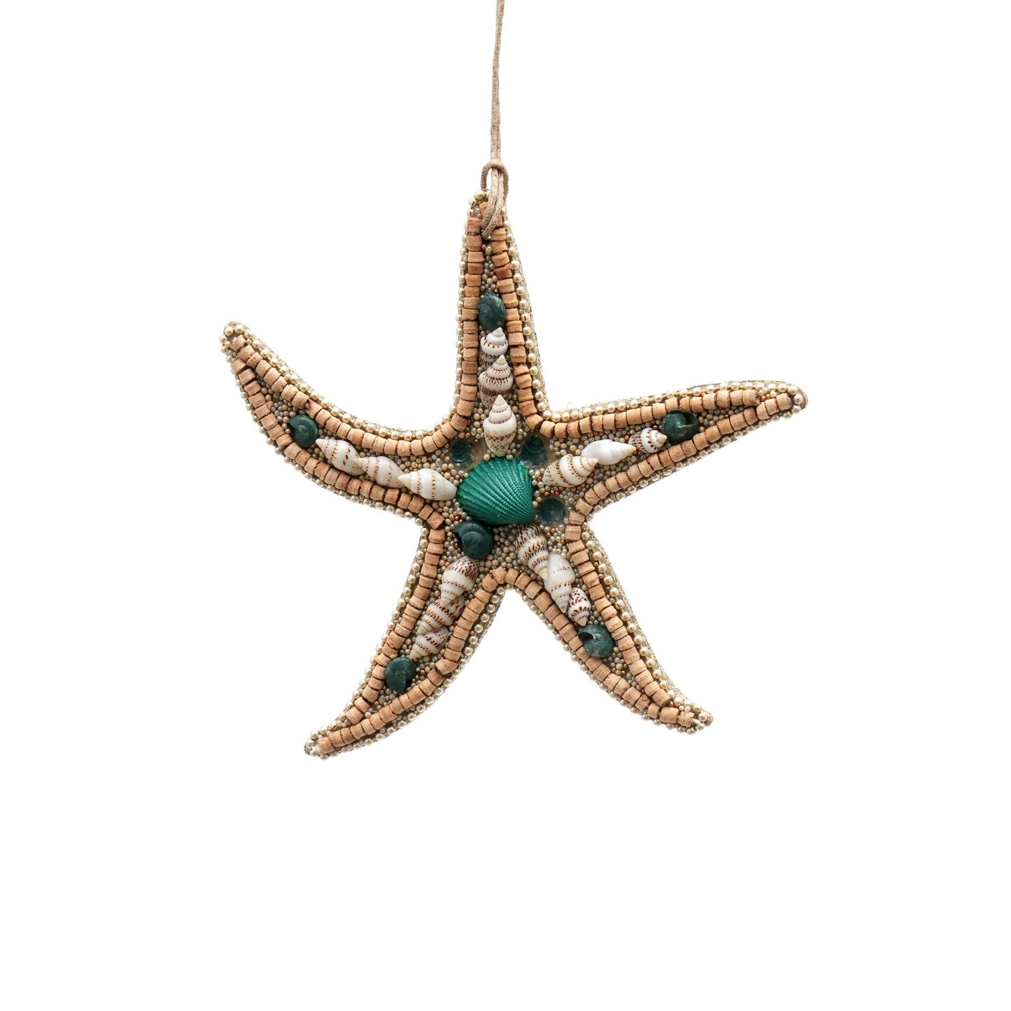 Wooden & Shell  Beaded Star Fish Ornament, Set of 6