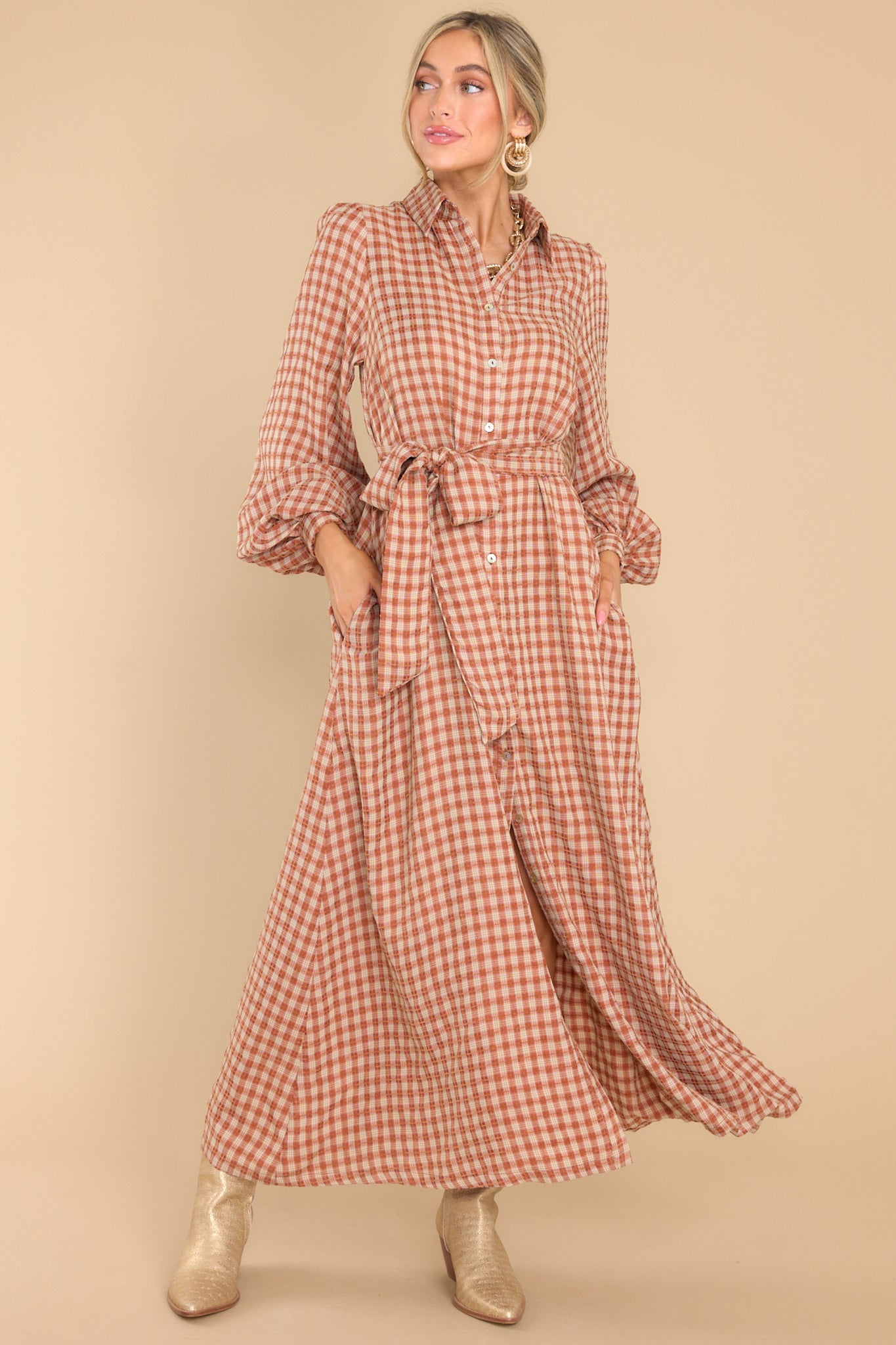 Rustic Elegance Brick Plaid Maxi Dress