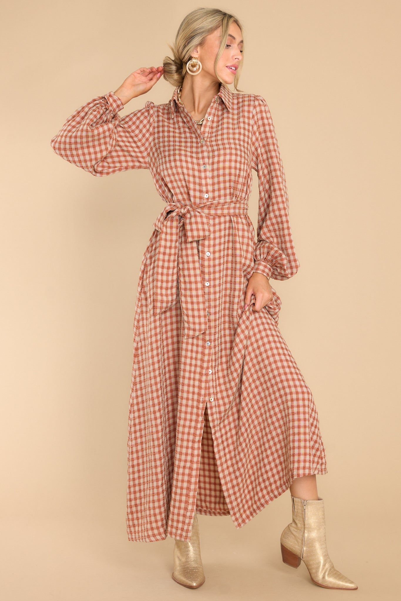 Rustic Elegance Brick Plaid Maxi Dress